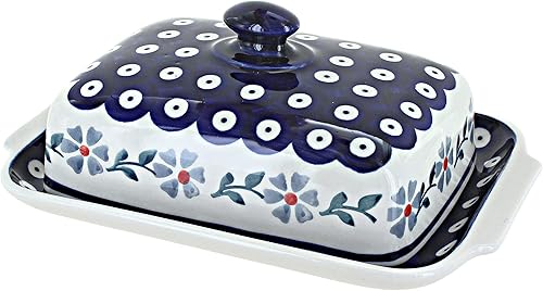 Mantequillera grande de cerámica polaca con lunares pequeños y rosas azules