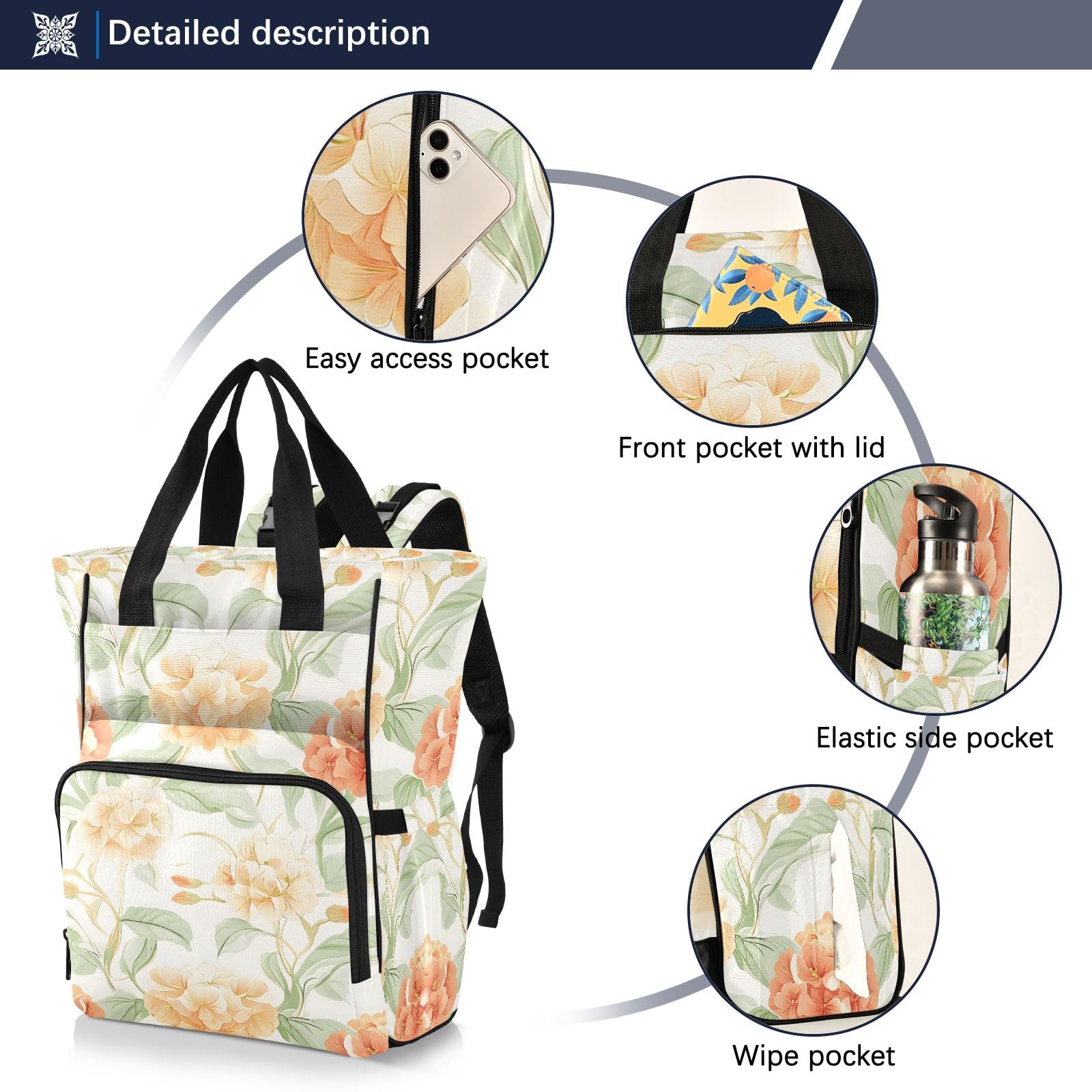 Mnsruu Borsa per pannolini per bambini, con motivo floreale rosso, grande, impermeabile, da viaggio, per mamme e papà