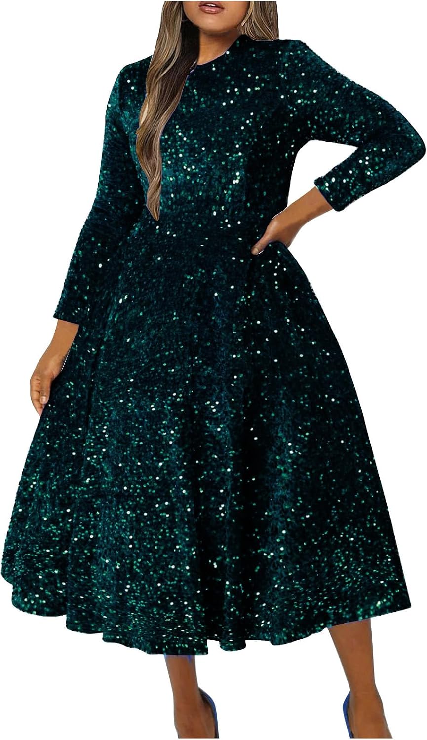 Women Sparkly Sequin Midi Dress,Long Sleeve High Waist Party Dresses