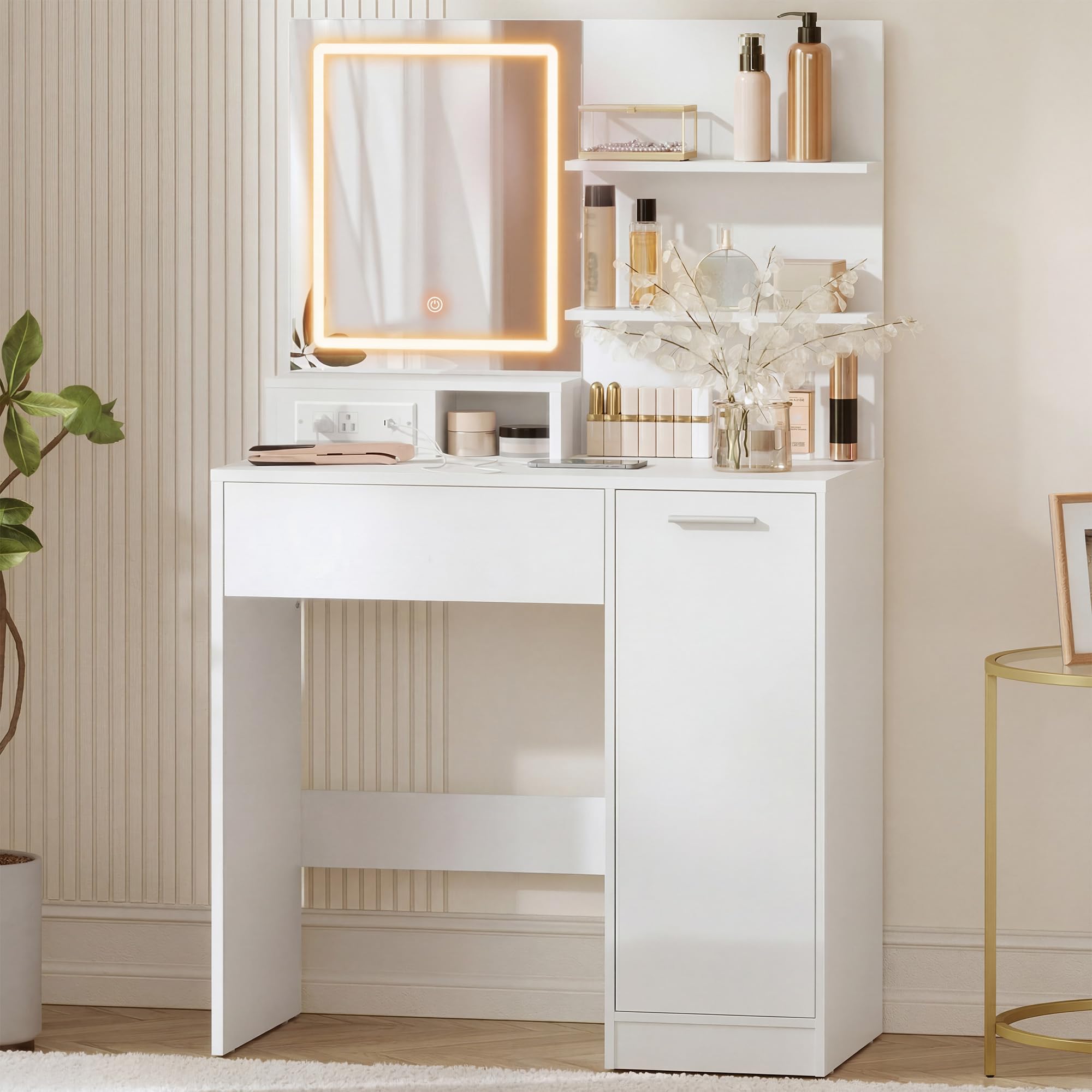VASAGLE KAILYN Collection - Dressing Table with LED Lights and Power Outlet, Vanity Table with Mirror, Adjustable Shelves, 1 Drawer, 2 Open Shelves, Modern Makeup Desk, White RDT138W03
