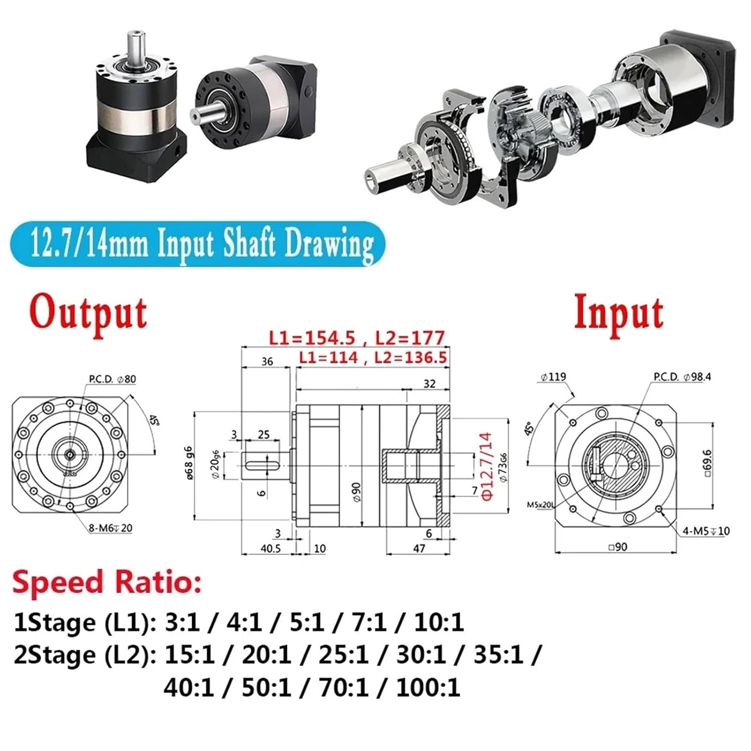1pcs Planetary Gearbox 80 90mm Servo Motor Round Flange Reducer 56-122Nm,Speed Ratio 3-100:1 DC Nema34 Stepper Motor 7-12arcmin(Ratio 50,16mm Input)