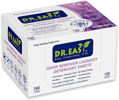 DR.EASY - Hojas de detergente para ropa eliminadoras de olores, 240 cargas, lavanda, fácil de llevar, ideal para viajes, seguro para bebés y