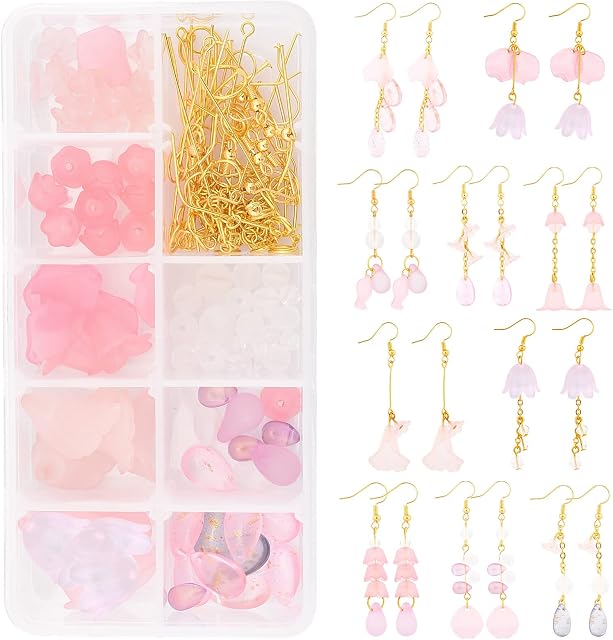SUNNYCLUE 10 Pairs Flower Petal Earrings Dangle Earring Making Kits Acrylic Petal Charms Pendants Glass Charms with Cable Chains & Earring Hooks for Women Beginners DIY Earring Jewelry Making, Golden