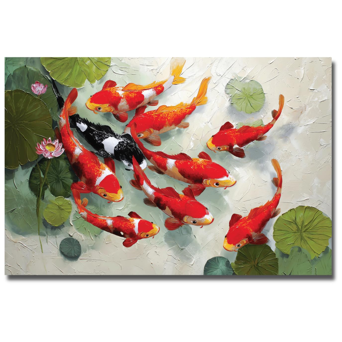 Viventiq koi fish painting (WITHOUT FRAME) | painting for living room | 9 koi fishes, 8 red & 1 black koi fish with lotus flower - a powerful symbol in Feng Shui | Rolled Canvas 36 in L by 24 in H