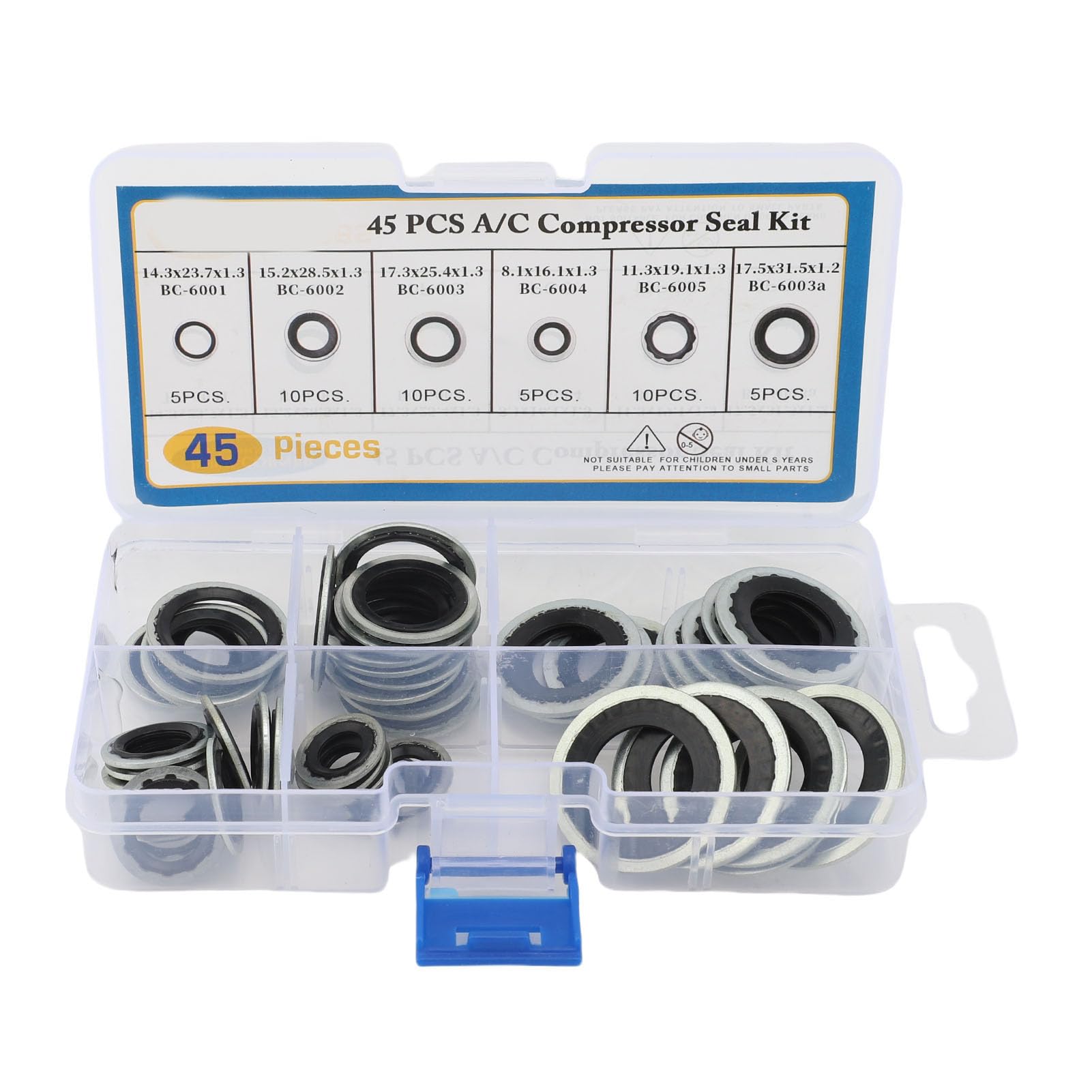 Kit de Juntas de CA, 45 Piezas de 6 Tamaños de Juntas de Compresor de Aire Acondicionado, Kit de Arandelas de Sellado de CA para Automóviles con de Goma de Metal Engrosadas para Panel de
