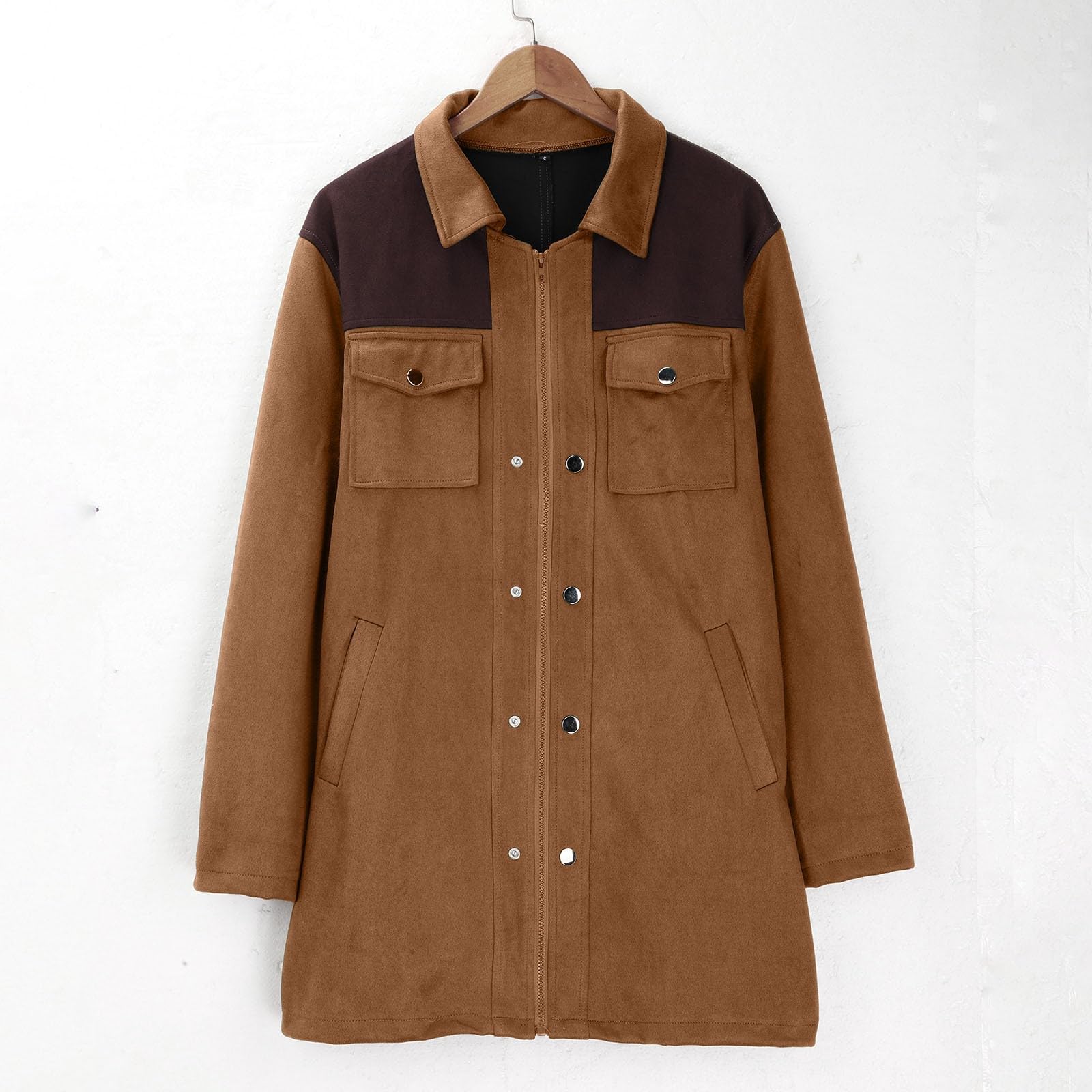 Giacca invernale da uomo, lunga, con bottoni e tasche | Giacca in pelle scamosciata patchwork, colletto a risvolto, cerniera, giacca per le mezze stagioni, con bottoni