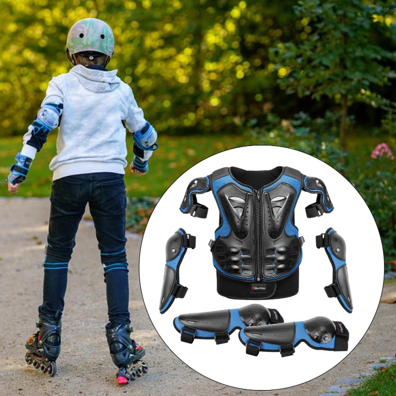 Tuta Protettiva Da Motocross per Bambini, Protezioni per Petto, Schiena, Colonna Vertebrale, Ginocchia E Gomiti, Materiale PVC Traspirante per, Blu