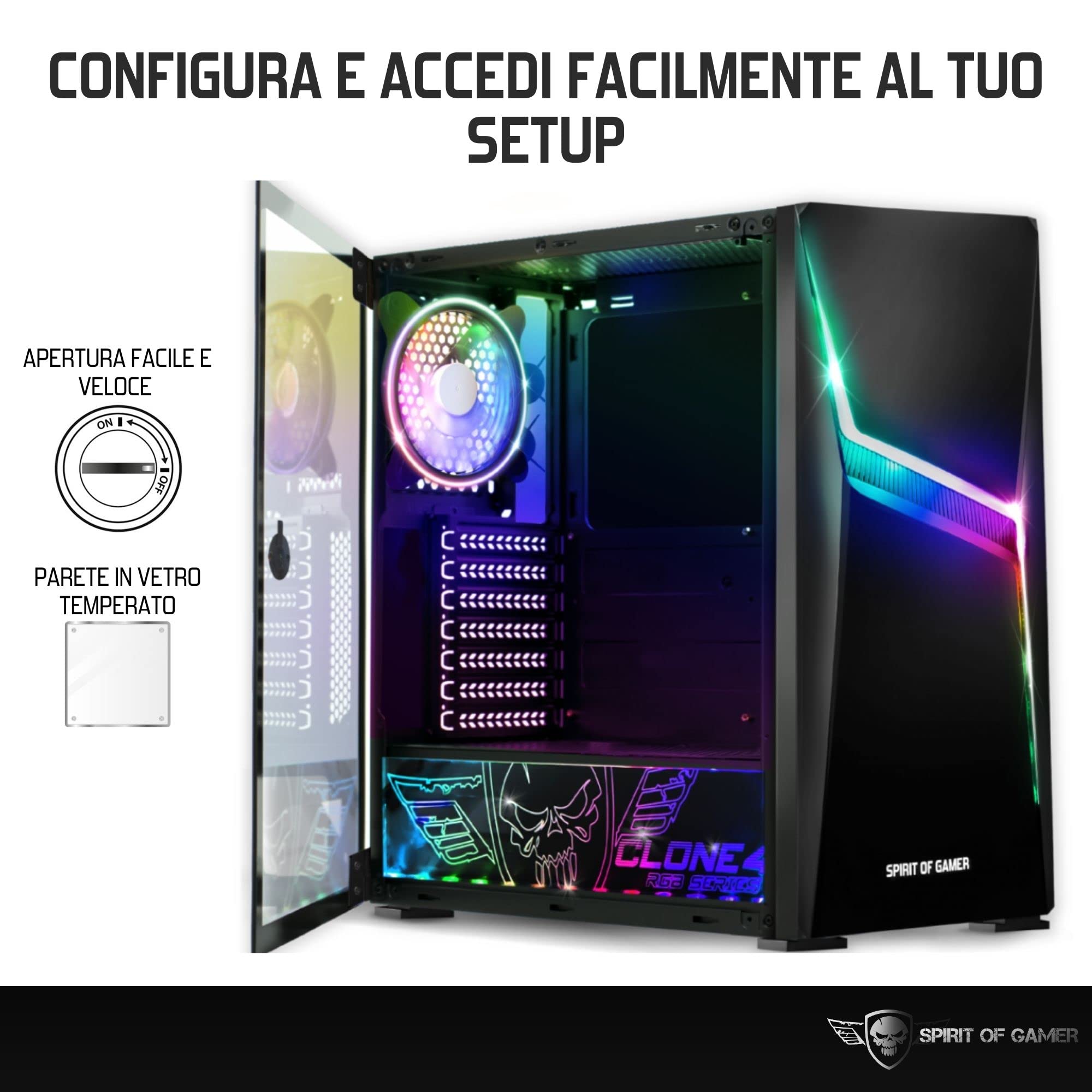 SPIRIT OF GAMER - CLONE 4 - Case PC Gaming RGB con Parete Trasparente In Vetro Temperato - Crea il tuo Tower Gamer - Case Mid Tower Compatibile ATX/MATX/ITX - 2 Ventole da 120mm Incluse