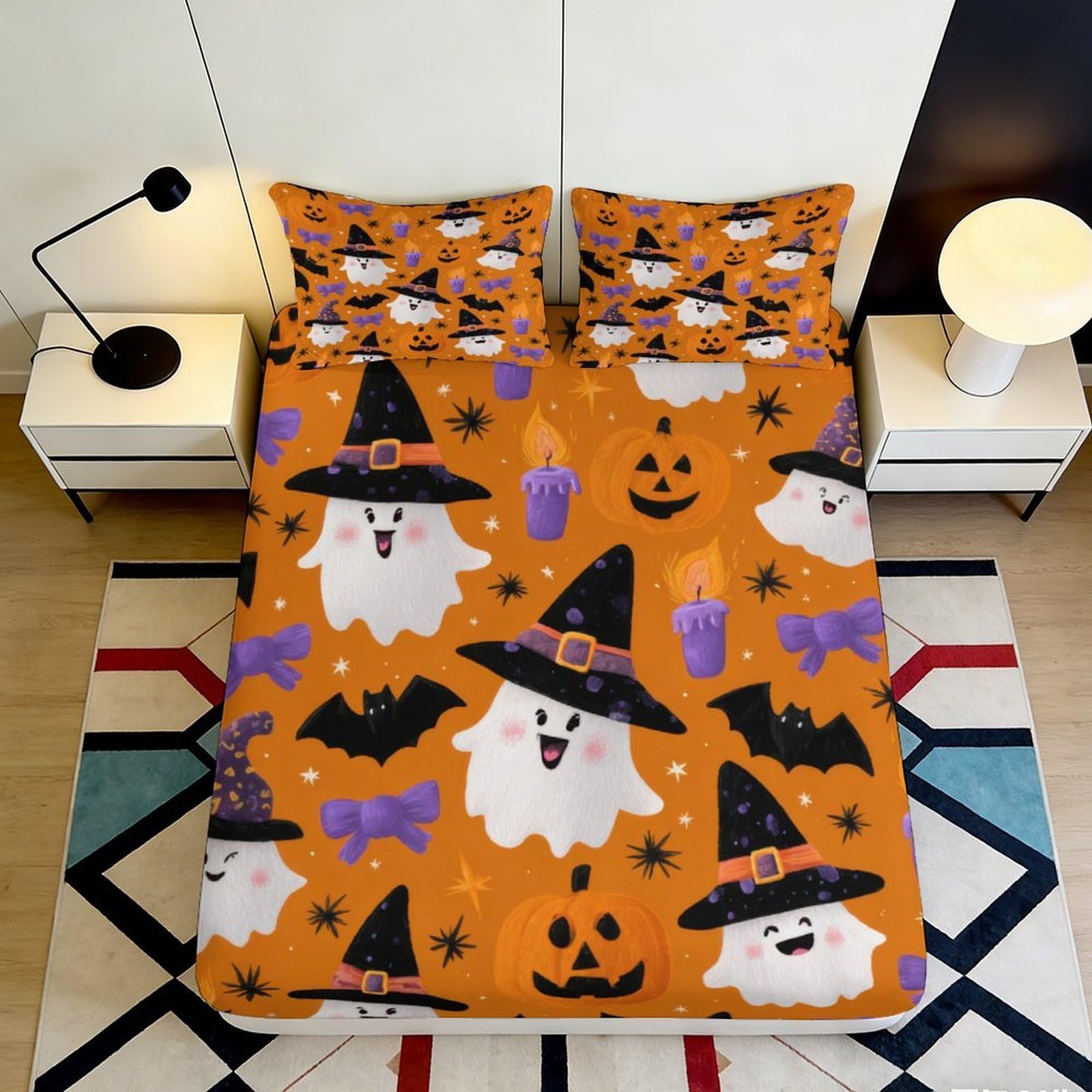 Pnayamiorkfel Style-3 3D Printed Halloween Ghost Pumpkin Fitted Sheet Microfiber Orange Bed Cover For Bedroom Guest Room Dorm Decor Easy Care 90X200x25cm