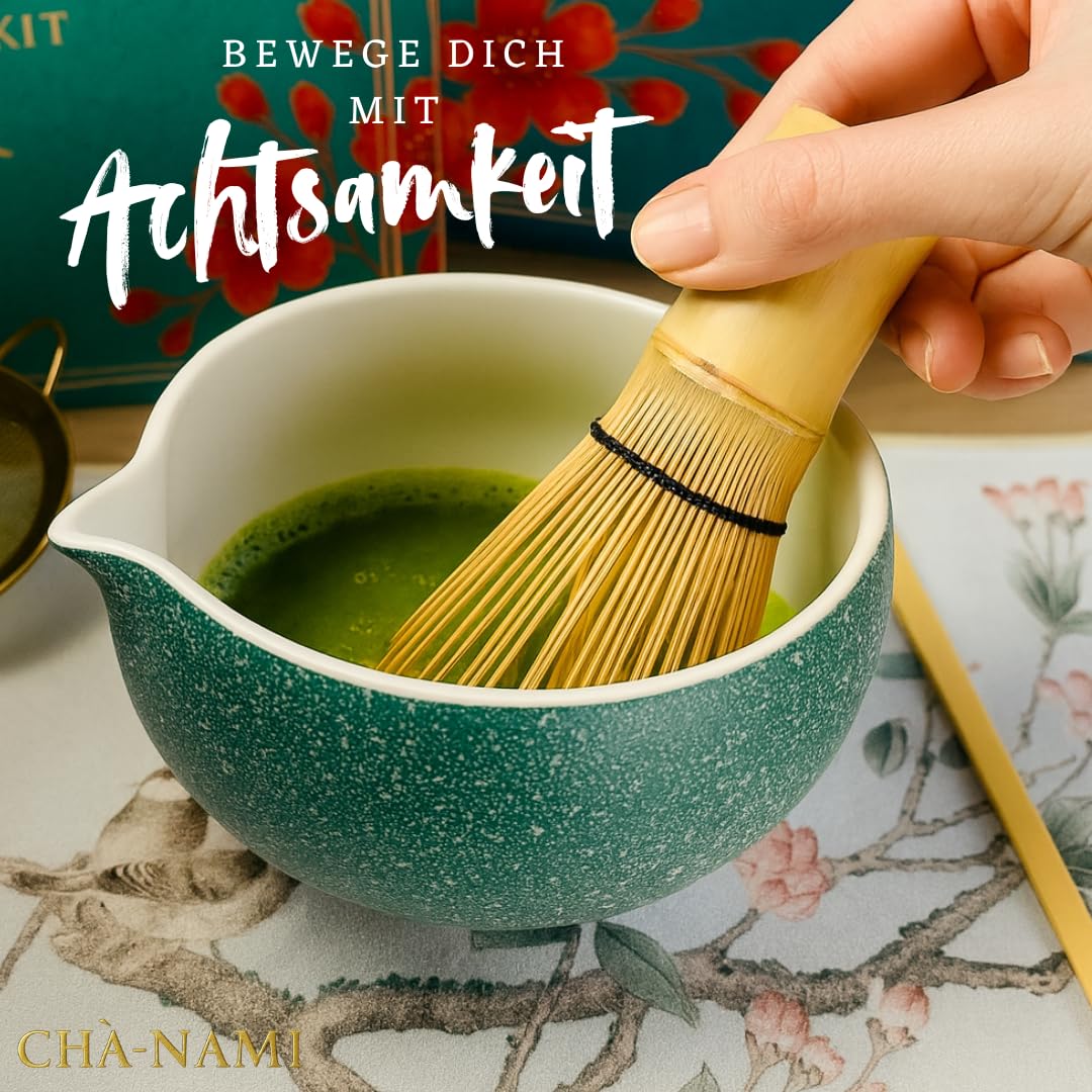 Matcha Set Classic 5-teilig, japanisches Matcha Zubehör Set mit Keramikschale, 100-Borsten-Chasen, Bambuslöffel, Edelstahlsieb und Keramikhalter