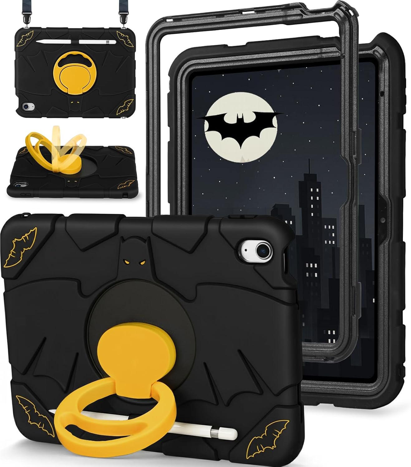 for iPad 10th Generation Case 10.9 Inch, for iPad A16 Case 11th Generation - Boys Men Cute Cartoon Black Heavy Duty Shockproof Rugged Protective Cover with Rotating Stand & Strap & Pen Holder