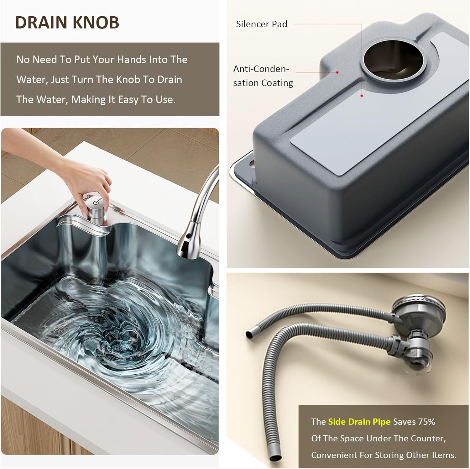 【完売必至】シンク 大型シルバーキッチンシンク、304ステンレススチール製キッチンバー、引き出し式蛇口、飲用蛇口、排水ノブと排水セット、多機能ワ