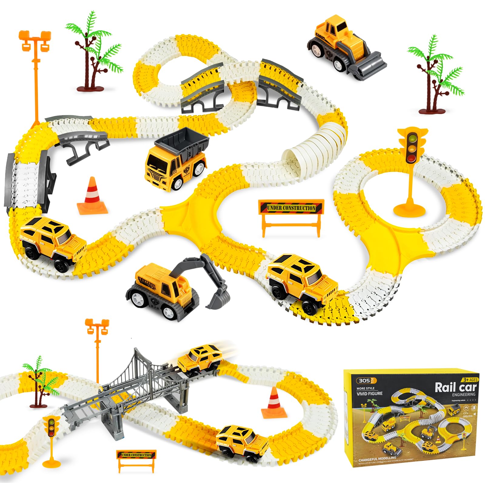 PATEMZON Juego de Pistas de Carreras para Niños, Pista de Coches de Carreras con 6 Coches, Flexible Juego De Carrera con Tren Eléctrico, Construcción Juguetes, Regalos para Niños De 3+ Años
