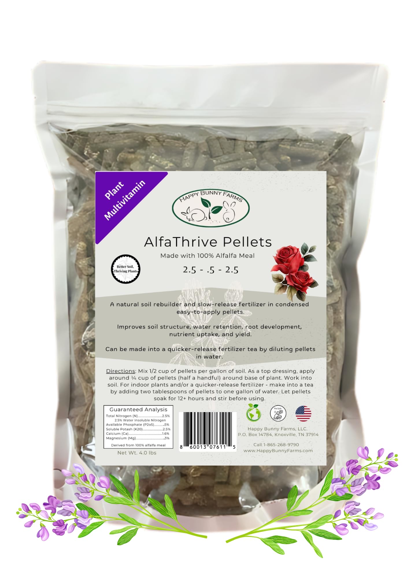 Alfalfa Meal Pellets, AlfaThrive Plant Multivitamin and Fertilizer, and Animal Feed. 4.0 lbs, 2.5-0.5-2.5 NPK