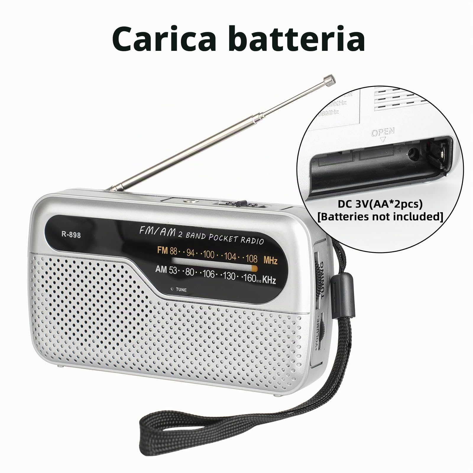 Radio portatile FM transistor con altoparlante potente, funziona con 2 batterie AA, argento