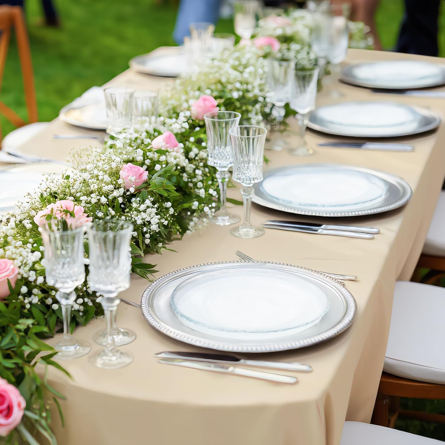 NEWISHER Beige Oval Tablecloth 70x90 inch, Heavy Duty Polyester Fabric Table Cloth, Reusable Washable Solid Table Cover for Dining, Kitchen, Party, Wedding, Indoor Outdoor Tabletop Decoration