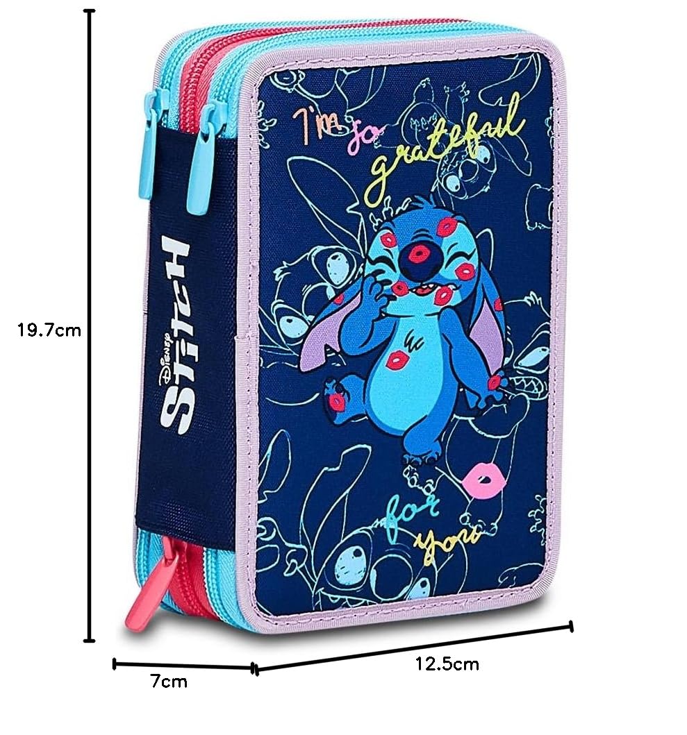 Astuccio Scuola Elementare 3 Scomparti - LILO & STITCH MY ALIEN PAL - DISNEY, Blu - Contenuto 43 pz - Completo di Matite, Pennarelli etc.- Portapenne Scuola Bambina Elementari