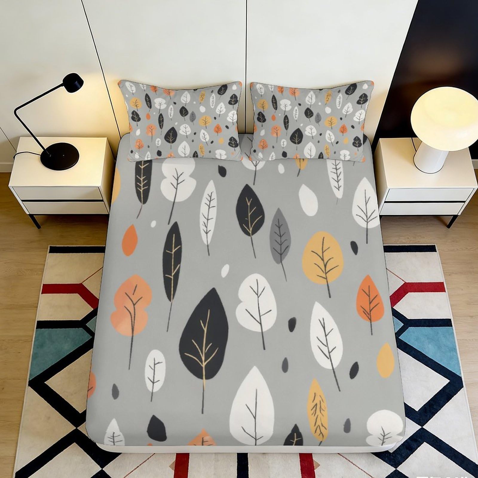 Pnayamiorkfel Style-8 3D Printed Autumn Leaf Fitted Sheet Microfiber Soft Grey Forest Mattress Cover For Bedroom Guestroom Decor 90X200x25cm