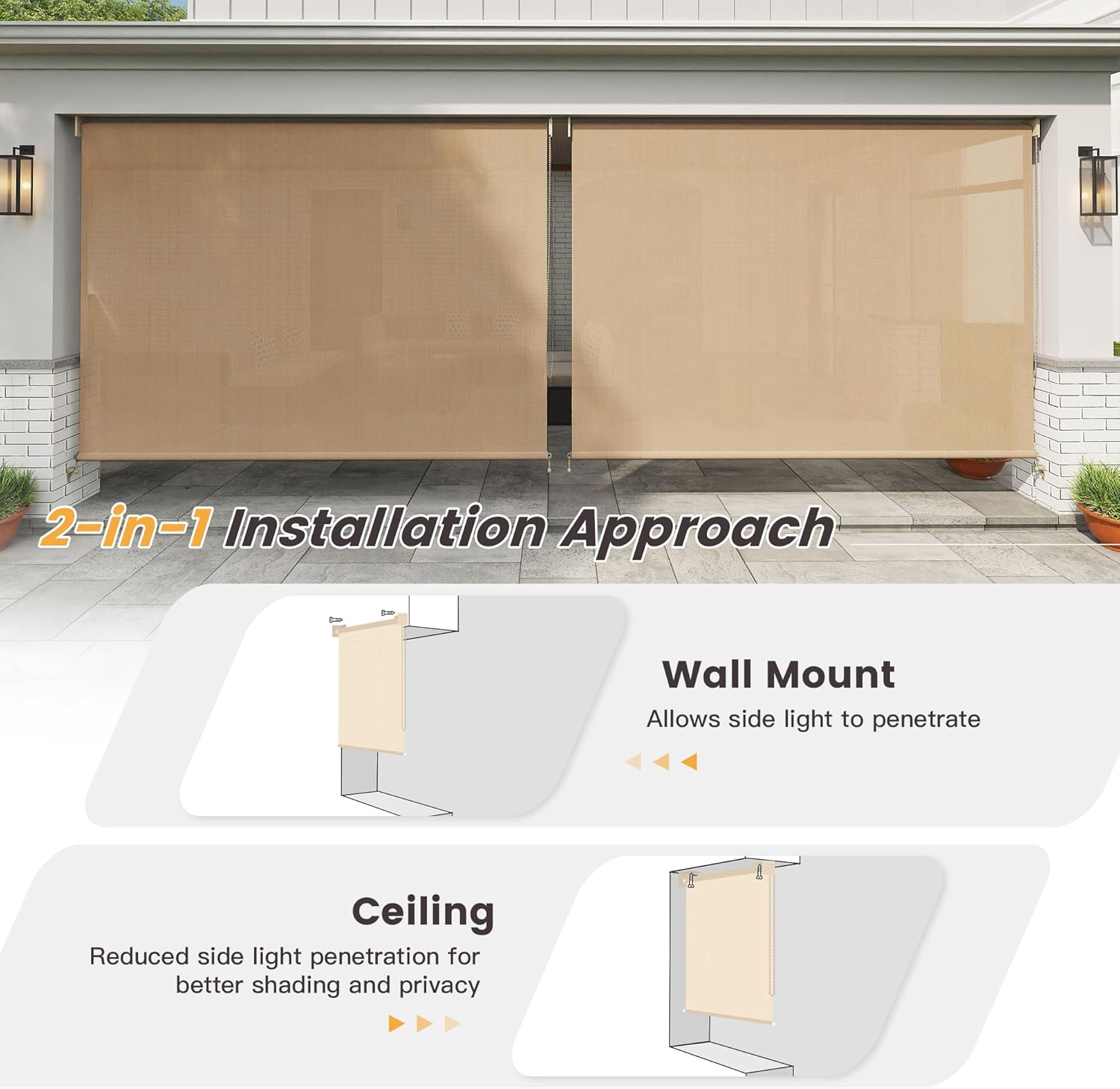 VICLLAX 108 inch Wide Outdoor Roller Shade for Patio, Patio Roll Up Sun Shade with Cord for Outdoor Porch Blinds, Wheat