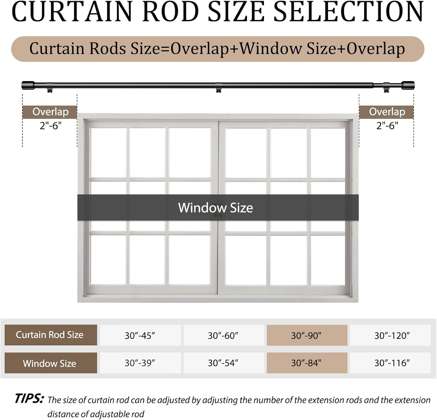 1” Diameter Curtain Rods 30-90 Inch, for 30-84 Inch Windows, Adjustable Splicing Black Rods for Windows with Brackets, Window Rod Long Heavy Duty Curtains Rod, 2 Pack