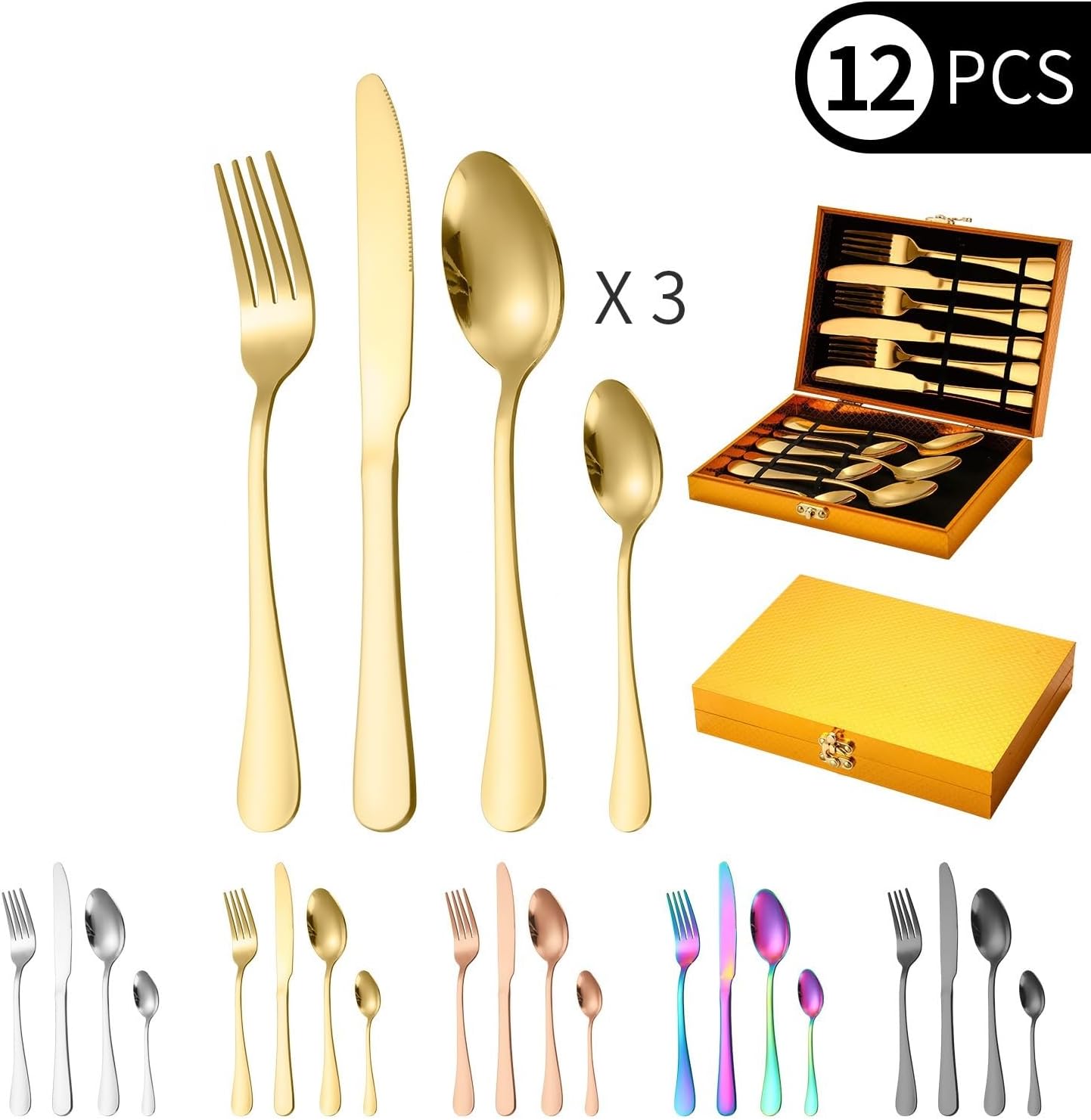 Silverware Flatware Set, 12-piece Stainless Steel Cutlery Set In A Gold Wooden Box For 3 People, Hotel Home Steak Knife, Fork And Spoon Set(Blue Gold)