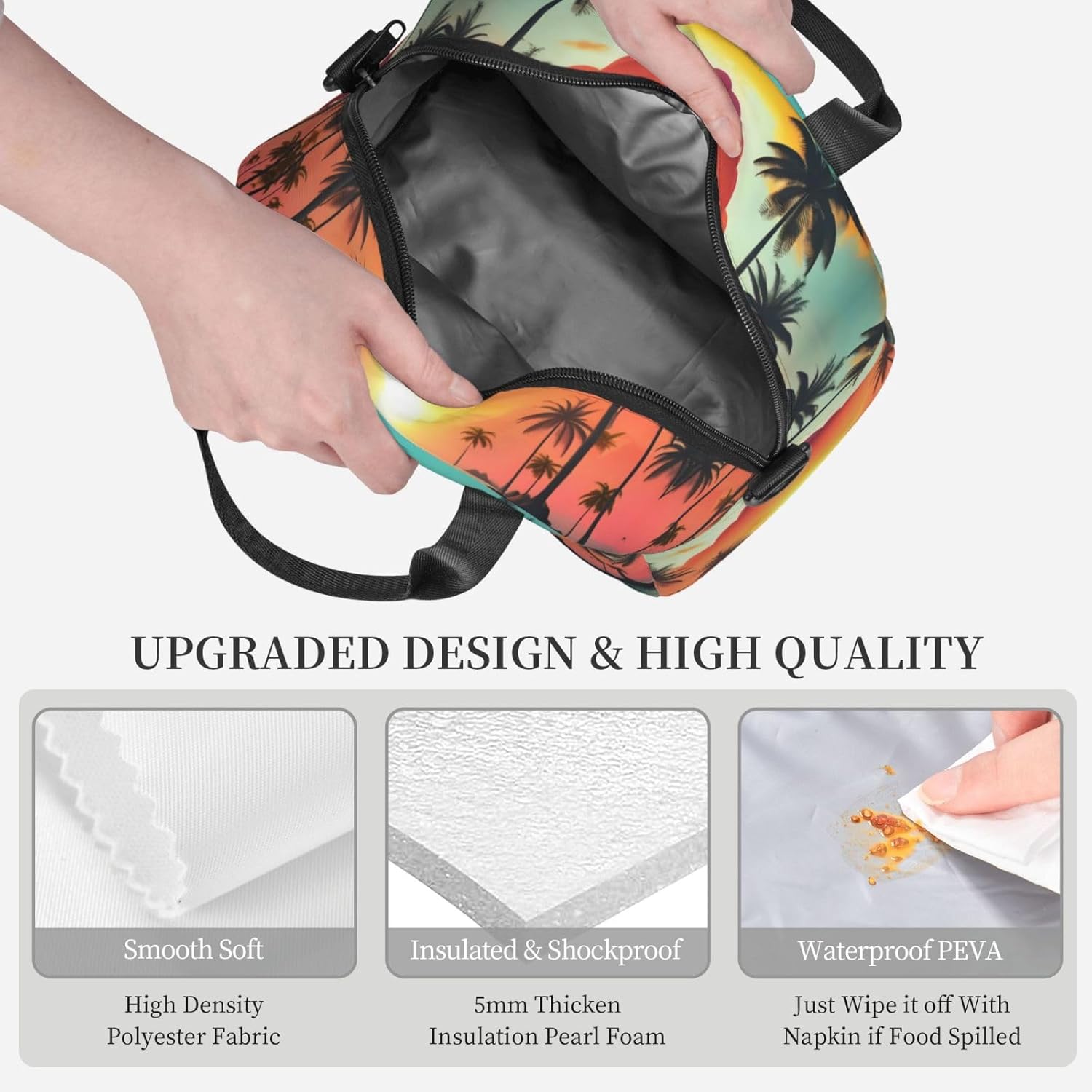 Sunrise Tropical Palm Tree Island Print Lunch Bags For Women,Leakproof Insulated Lunch Box, Adjustable Shoulder Strap For Work Picnic