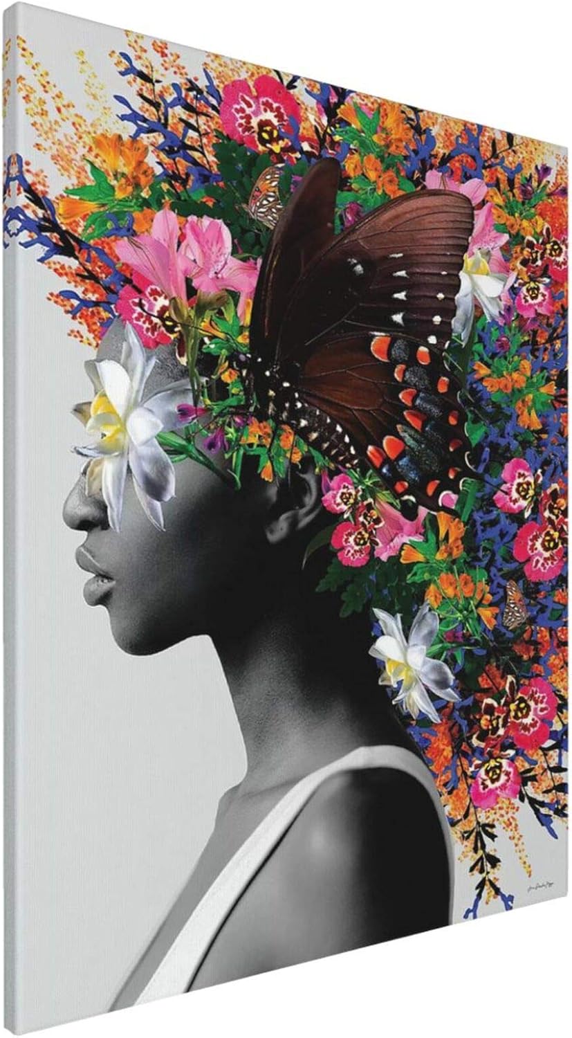 African American Black Women Wall Art For Living Room Decor Flowers And Black African Girl Canvas Wall Art Colorful Theme Portrait Vibrant Graffiti Poster Artwork For Bedroom Home Decoration Framed Ready To Hang (16x20 Inch) Flowers And Black African Girl 16 x 20 in