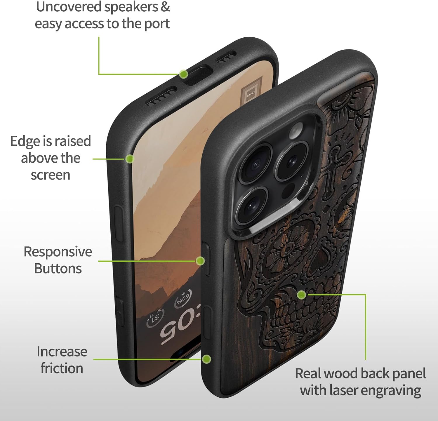 Carveit Magnetic Wooden Case for iPhone 16 Pro Case, Wood Artisan Engraved & Black Soft TPU Shockproof Cover, Compatible with MagSafe Wireless Chargers (Sugar Skull) Blackwood