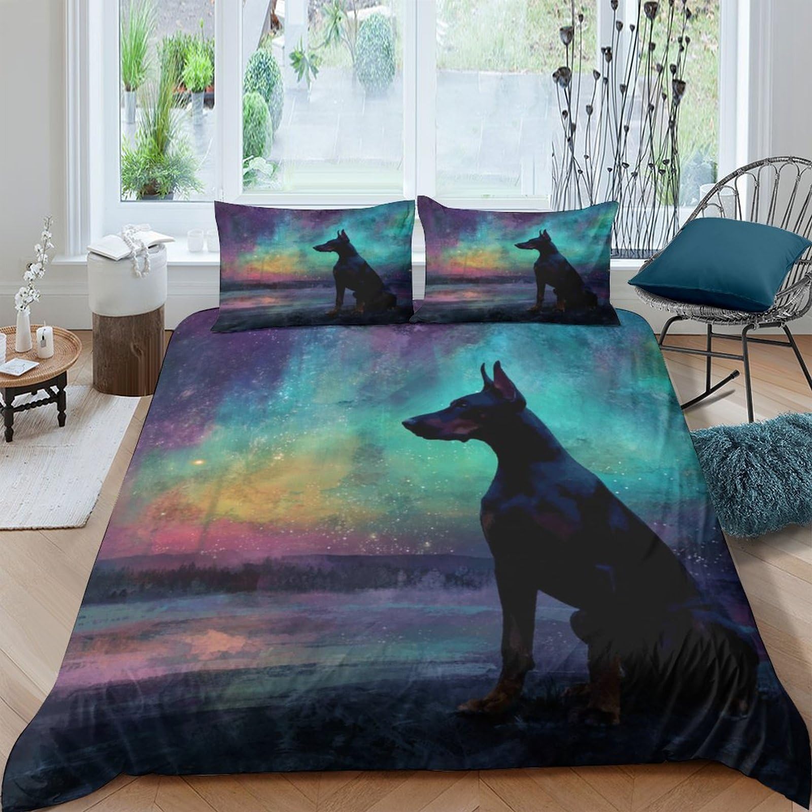 Ctjqhvkz Style-7 3D Printed Aurora Night Sky Fitted Sheet Microfiber Soft Breathable Doberman Dog Bed Cover For Bedroom Guest Room Decor Single（135X200cm）