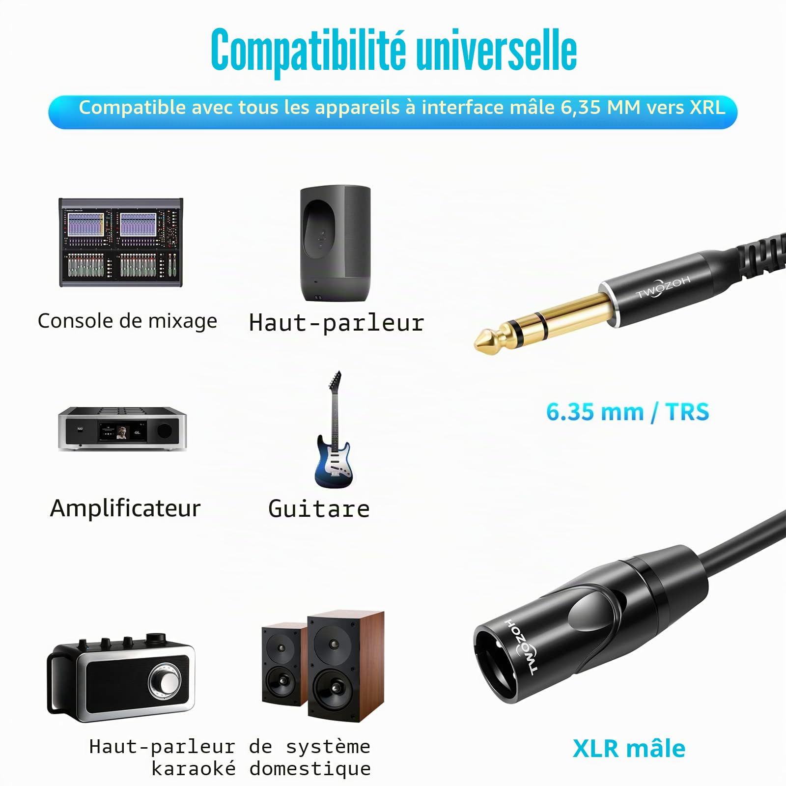 Twozoh Câble XLR Mâle vers TRS 6,35 mm Lot de 2, Cable XLR Jack Stéréo 6.35 mm 2M 2 Pièces (Profesional/Hifi)