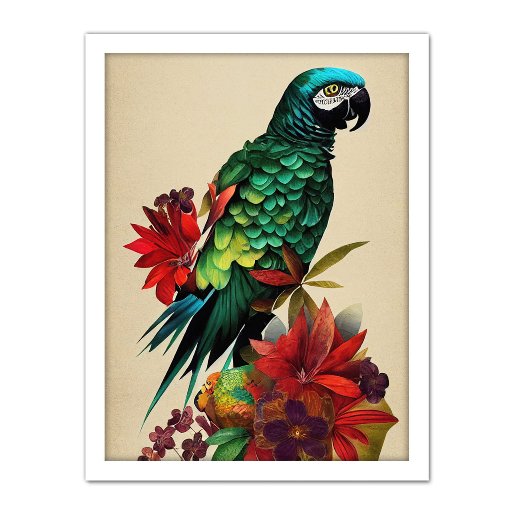 Doppelganger33 LTD Exotic Flowers And Feathers Macaw Parrot And Jungle Blooms Artwork Framed Wall Art Print 18X24 Inch