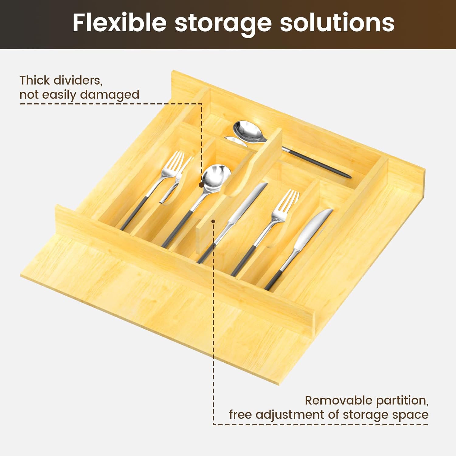 Silverware Drawer Organizer Wood with Adjustable Partition Utensil Cutlery Flatware Cabinet Storage (19.2" W x 19.5" D x 2.5" H)