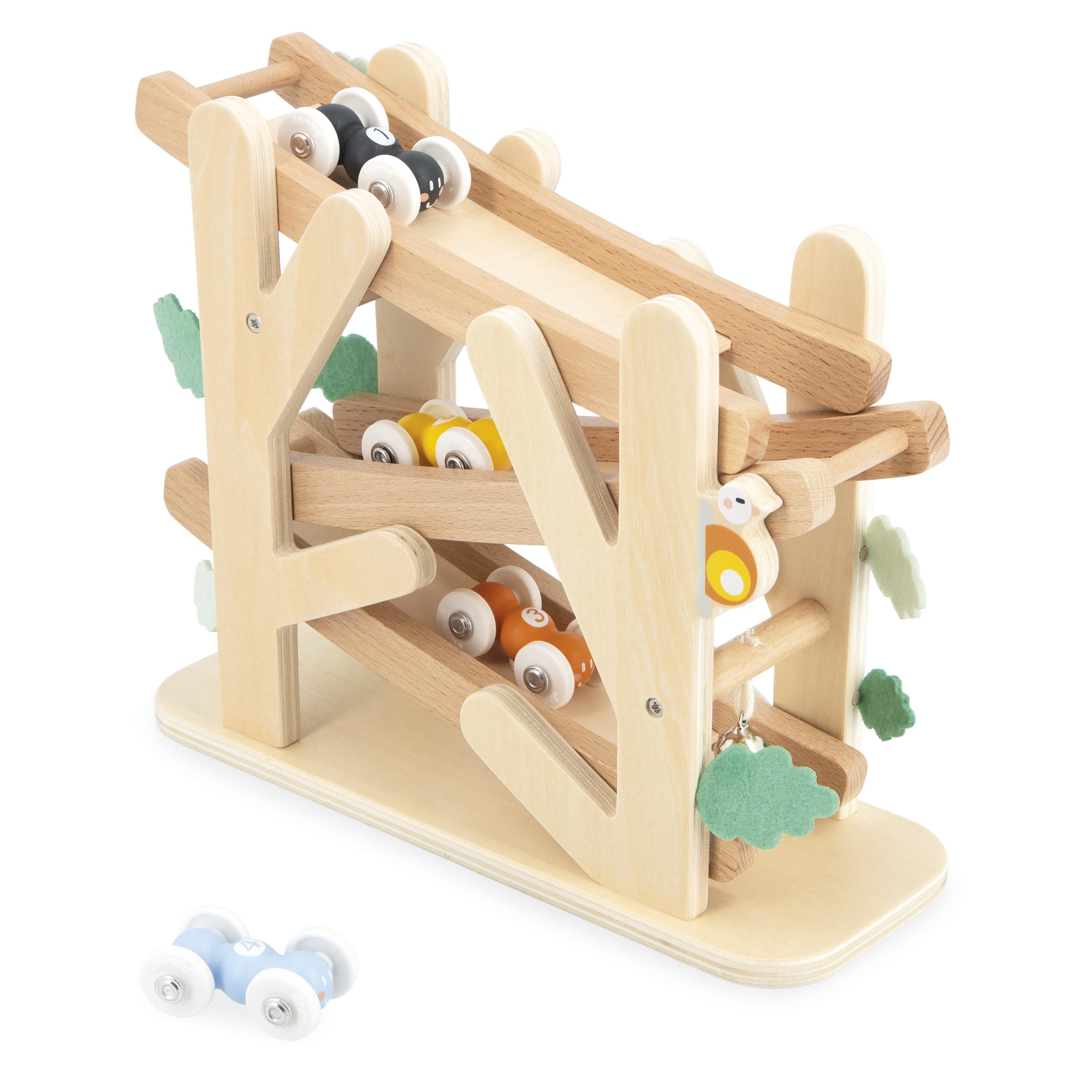Janod - Descendeur en Bois sur 3 Niveaux- Toboggan des Fourmis avec 4 Voitures incluses - Jouet d'Eveil et Premier Âge - Apprentissage Motricité Fine - Dès 1 an - J04038