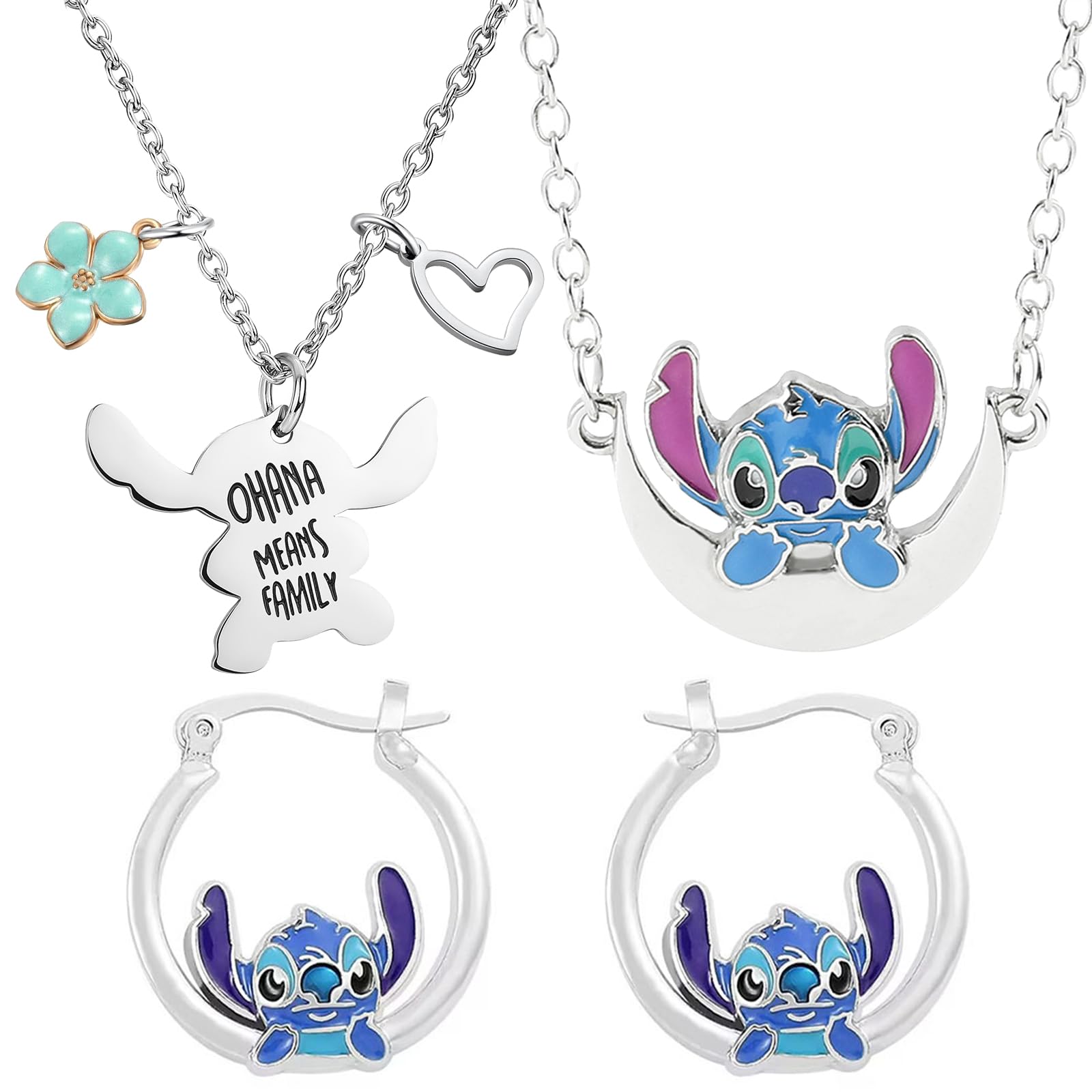BJPERFMSConjunto de Joyas Stitch 3PCS, Stitch Collares, Pendientes Niña Stitch, Collar Stitch, Lilo y Stitch Aretes de Mujer, Necklace Stitch, Lilo y Stitch Regalos Niña, para Niños y Niñas