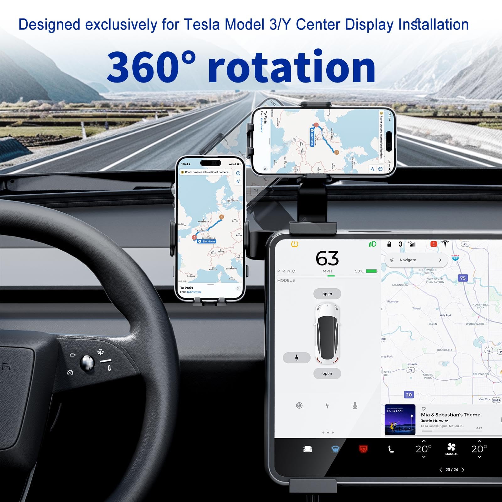 Soporte de teléfono para Tesla Model ajustable, soporte de teléfono Tesla para modelo 3 y modelo Y, pantalla de consola central para instalar un soporte de teléfono celular, soporte de
