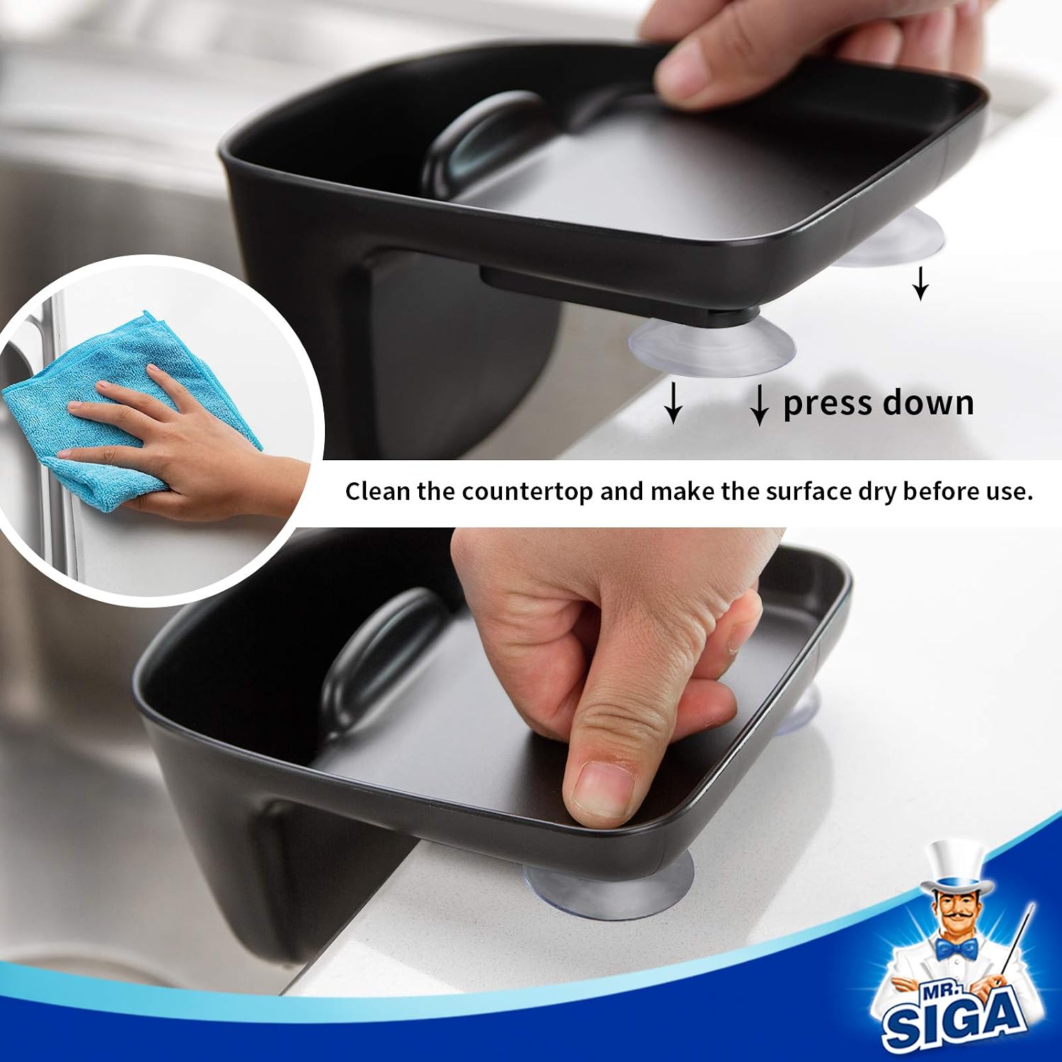 MR.SIGA Sink Caddy with Suction Cup, Sponge and Scouring Pad Holder for Kitchen, Pack of 2, Black