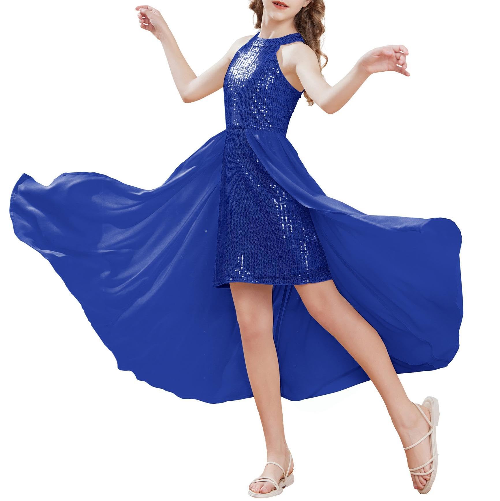 GRACE KARIN Bambina Vestito da Festa con Paillettes Abito Lungo Halter Senza Maniche con Sovrapposizione in Chiffon