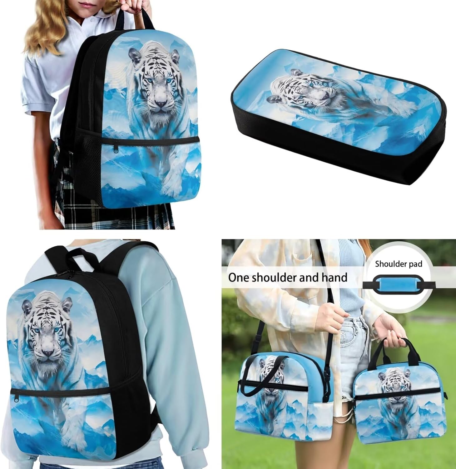 3 PCS School Backpack School Bag Large Capacity Pencil Case Tote Bag for Girls Boys Portable Water Resistant Lunchbox Fashion Rucksack for Hiking Camping Traveling, White Tiger