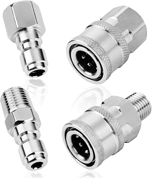 4PCS 2 Sets NPT 1/4 Inch Pressure Washer Coupler Quick Connect Plug Stainless Steel Male and Female Quick Connect Fittings Pressure Washer Adapter Set Internal Thread, External Thread