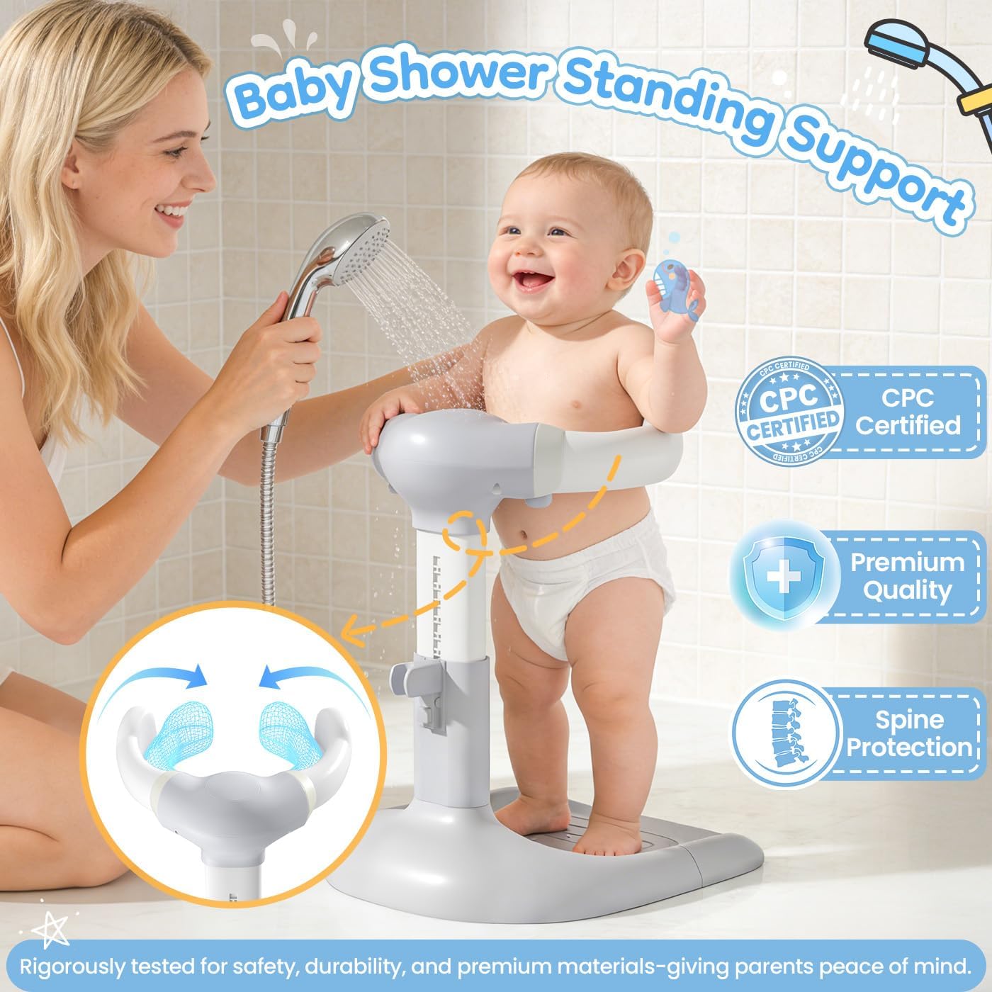 Upgraded Shower Stand with Anti-Pinch Silicone & Anti-Slip Base, Adjustable Height Bath Standing Support, Soporte para Bañera de Assist Holder, Ideal Gift, Gray