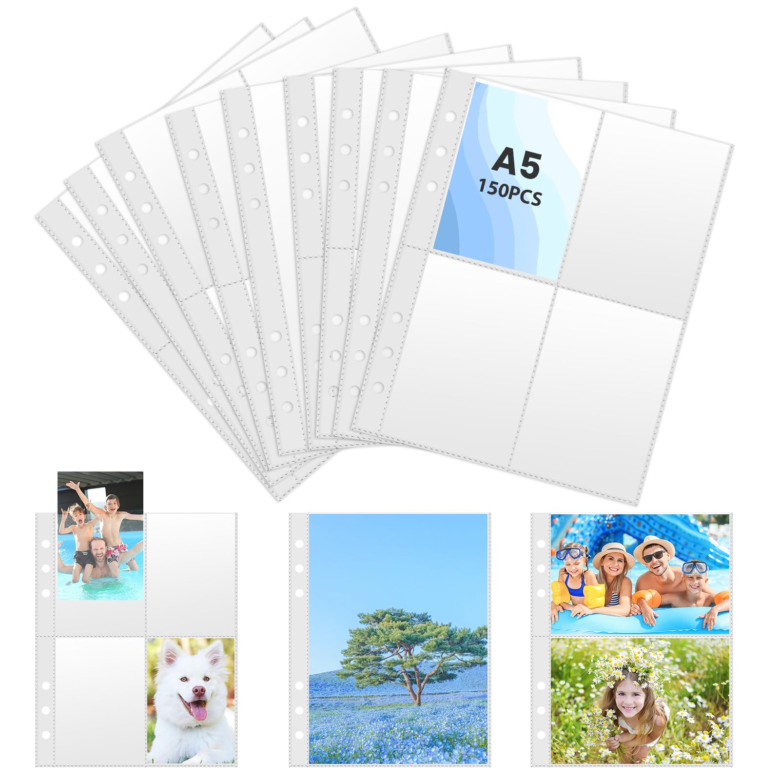150 Pcs Photo Sleeves, 6 Ring A5 Binder Sleeves, 700 Pockets, Double-Sided Ultra Clear Photo Pockets,Top Loading Album Refill Pages,Transparent Postcard Sleeve in Plastica for File Invoice Card Photo