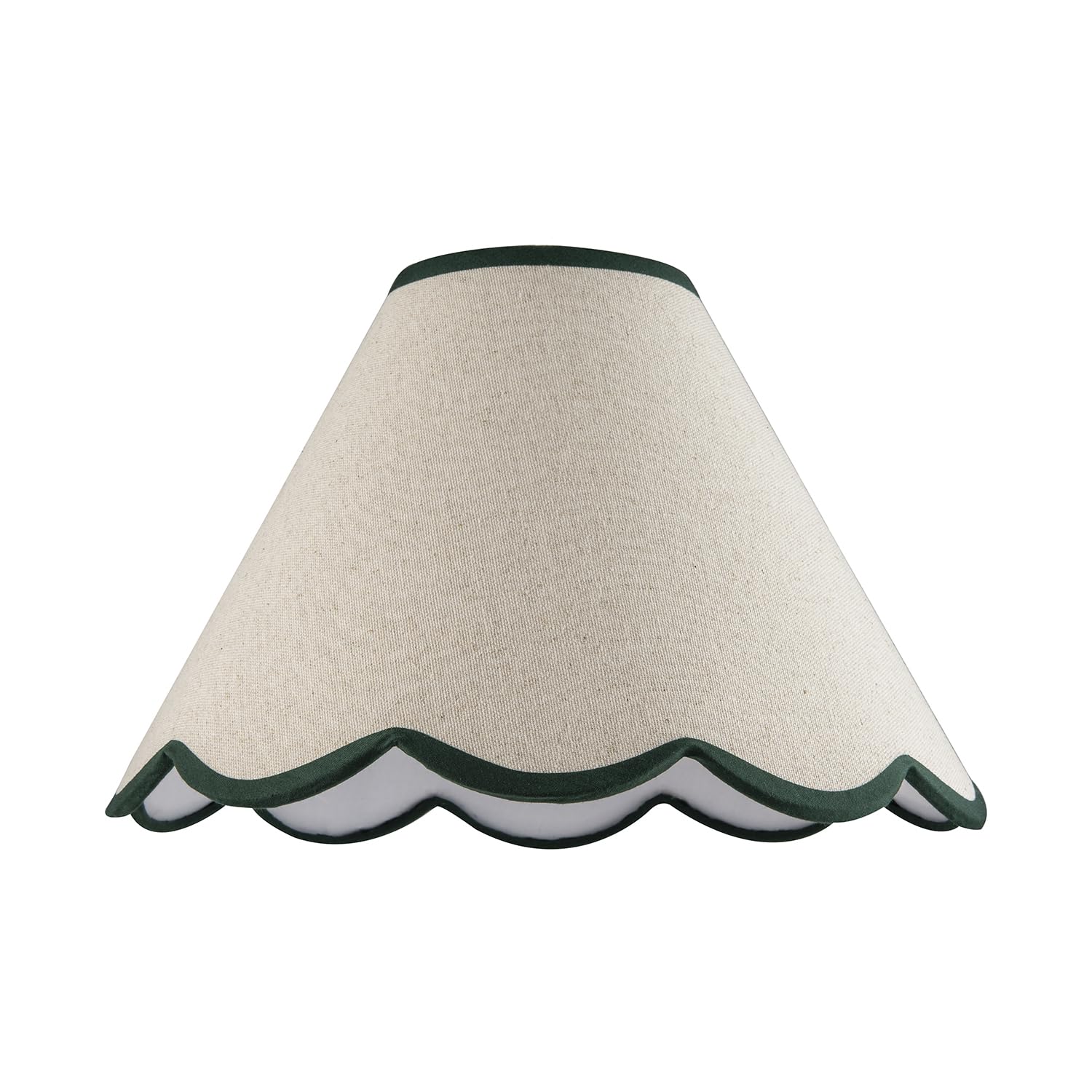 Traditional Scallop Edge Natural Textured Linen Coolie Lamp Shade with Forest Green Cotton Trims | 30cm x 20cm | for Ceiling Pendant or Lamp by Happy Homewares