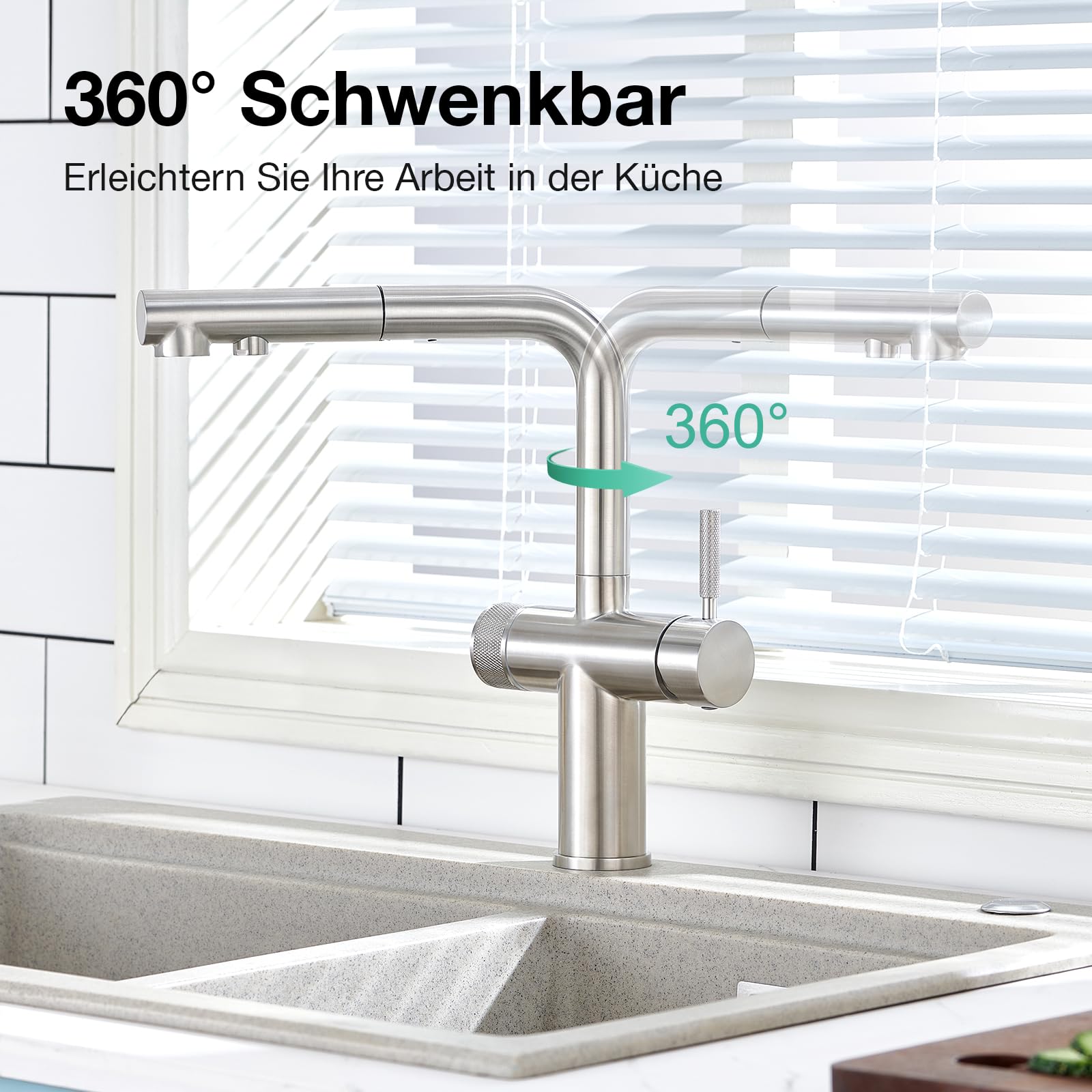 Faustina 3 Wege Küchenarmatur mit Brause ausziehbar, Doppelhebel Armatur Wasserhahn Spültischarmatur Trinkwasserhahn Küche für Osmoseanlage Umkehrosmose und Wasserfilter gebürstet