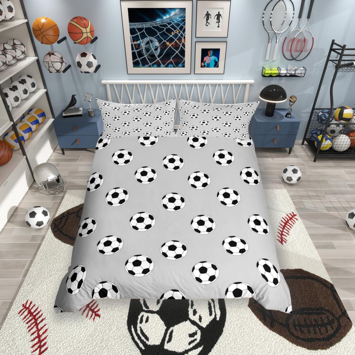 feelingyou Soccer Kids Duvet Cover Double Size,Football Field Ball Sport Games Comforter Cover for Kids Teens Adults Bedroom Decor,Geometric Honeycomb Hexagon Bedding Set 2 Pillowcases,No Comforter
