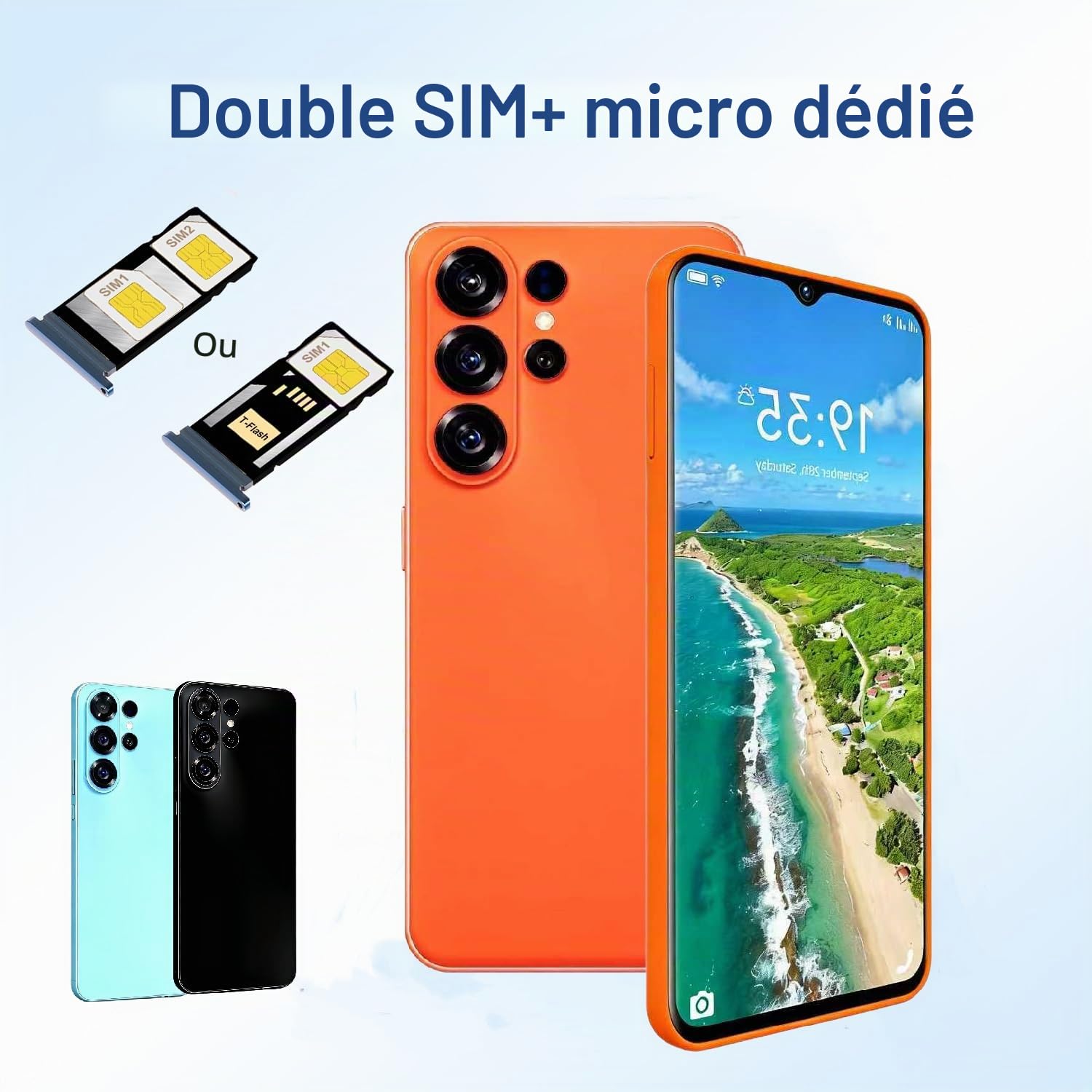 Téléphone sans contrat, écran 6,5 Pouces, 2MP + 2MP, Lunette entièrement métallique, 2GBRAM + 32GBROM, Extension TF 128GB, 3G Network, processeur 4- Core Haute Vitesse (Blue)