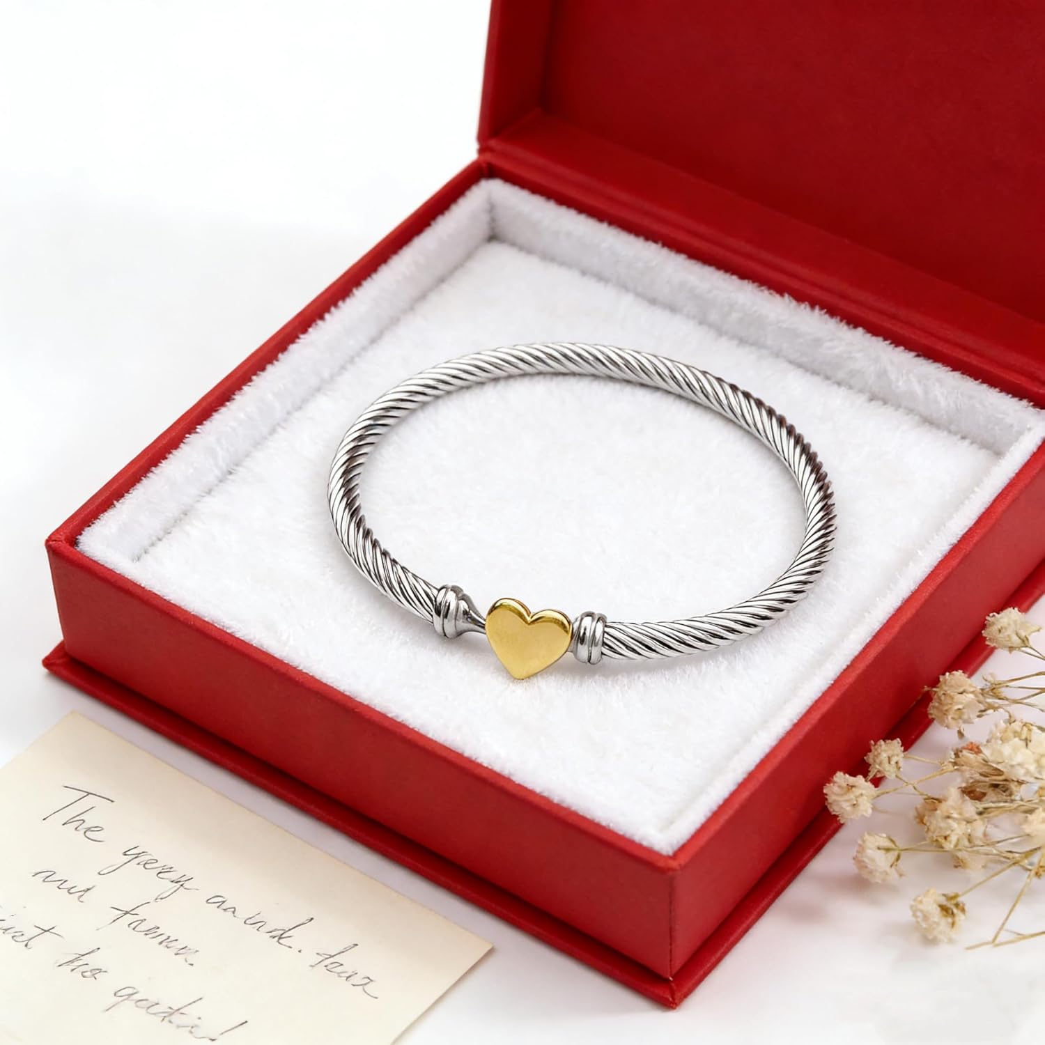 Decpro Adjustable Twist Stainless Steel Cable Bracelet with 14K Gold Plated Love Heart Charm - 4MM Open Bangle Cuff for Women & Men, Gift for Friends, Family, Valentine (6-8cm) - Image 5