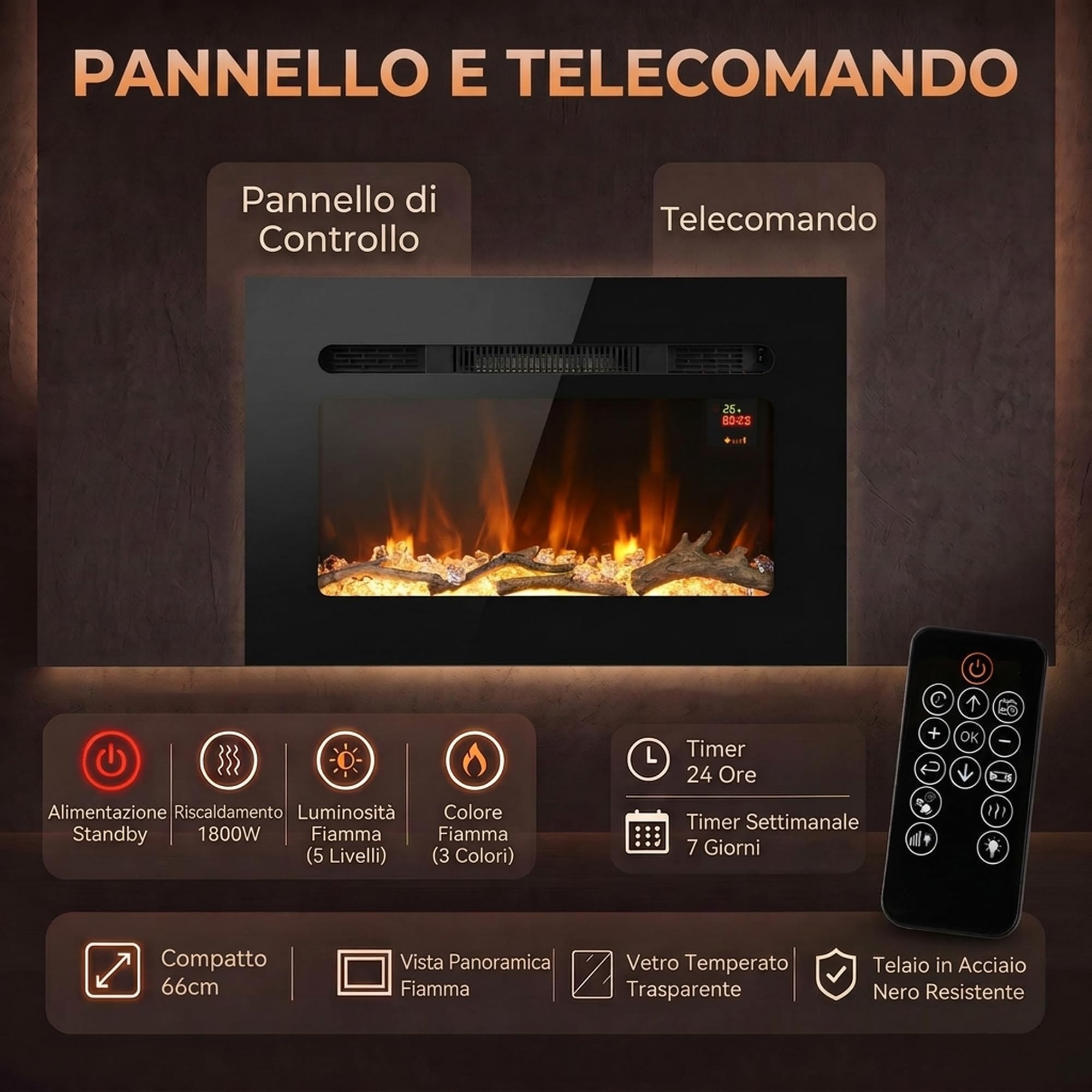 HOMCOM 66cm Camino Elettrico da Parete e Incasso 1800W Riscaldamento, Nero