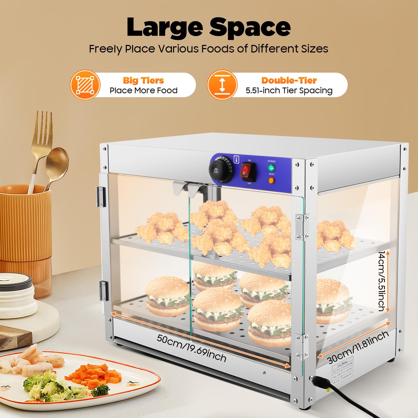 Vetrina calda a 2 ripiani, per scaldavivande, 30 – 85 °C, vetrina per scaldavivande, display per scaldabagni commerciali, con maniglie e clip per alimenti, 61 x 38 x 51 cm