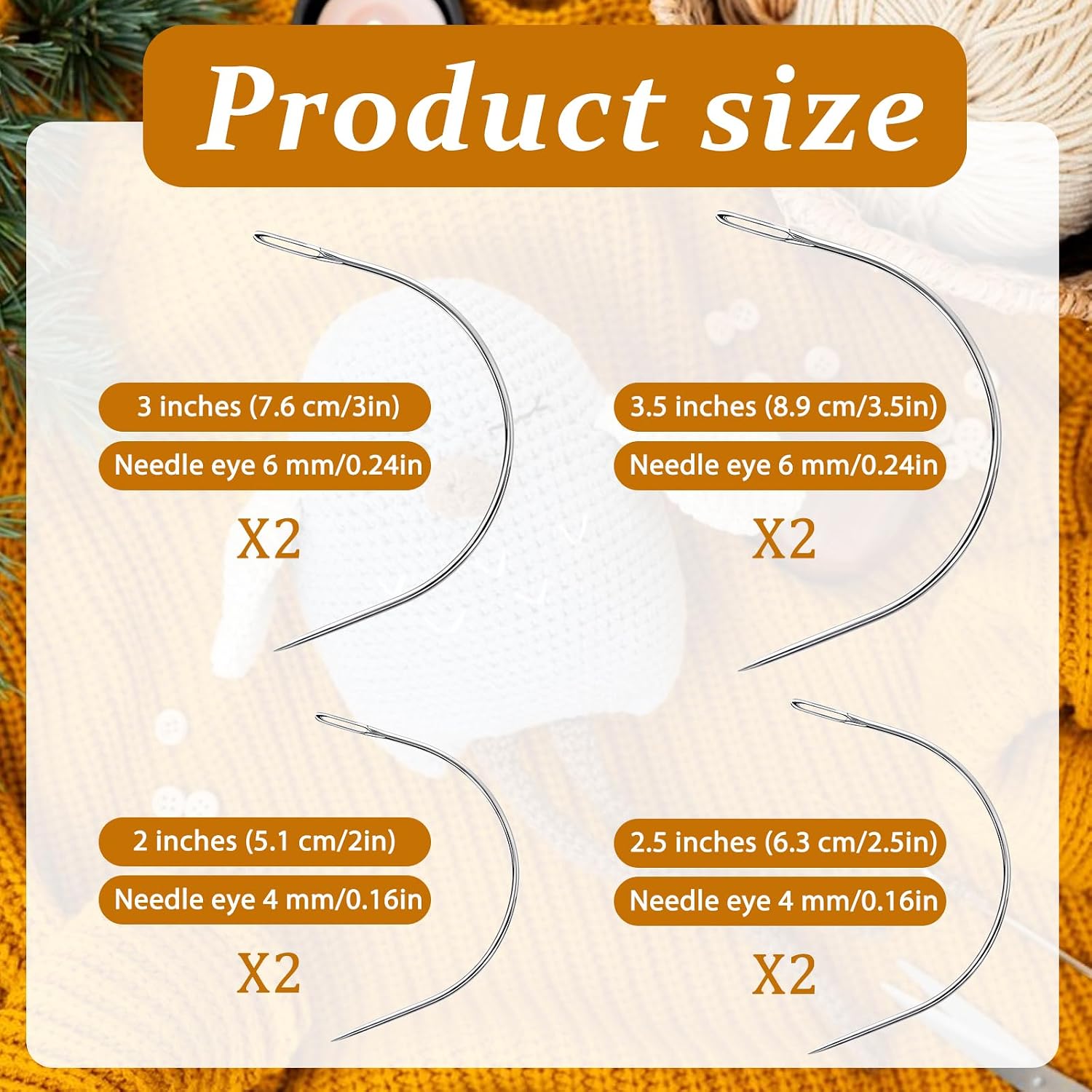 JIYIN Curved Sewing Needles, 8 PCS 4 Sizes Curved Leather Hand Sewing Needles C Sewing Needles Heavy Duty Curved Leather Needles for Leather Projects Carpet or Canvas Wig Making(2/2.5/3/3.5 Inch)