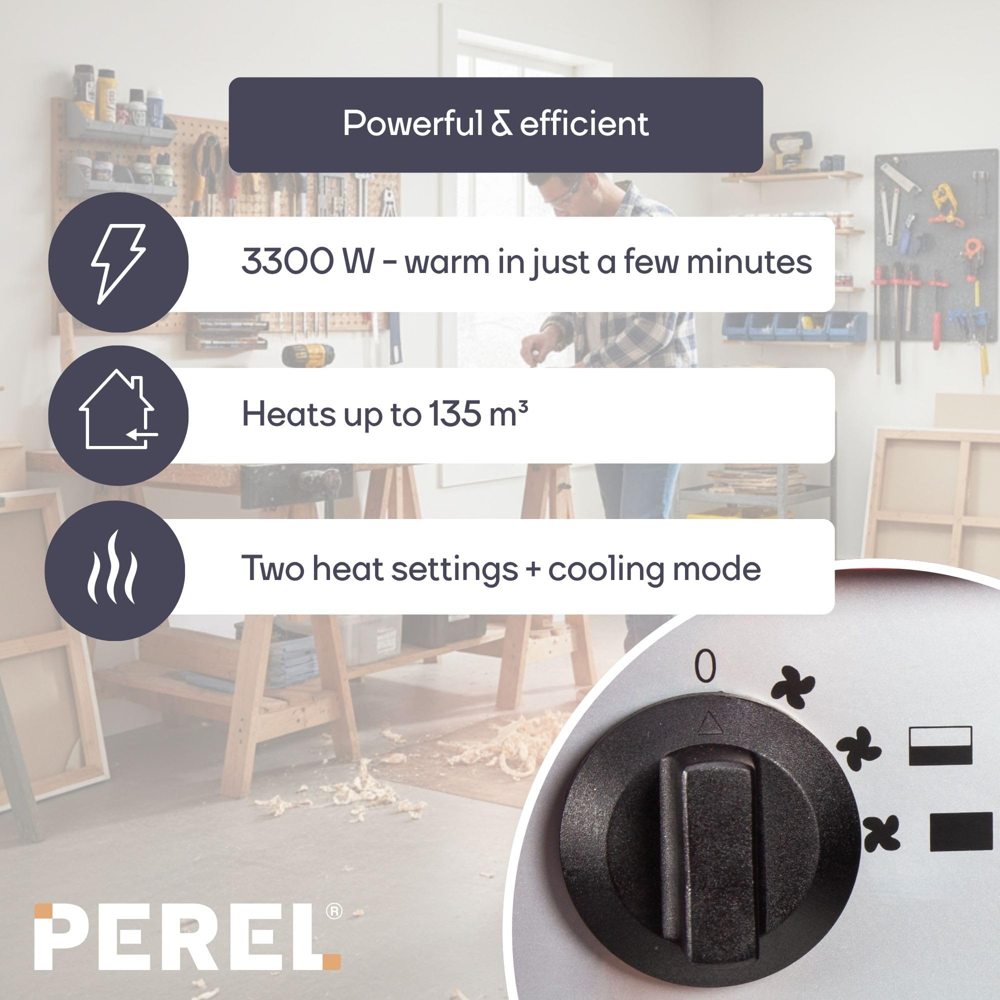 Perel Elektryczny grzejnik wentylatorowy 3300W, 2 poziomy grzania, termostat i funkcja chłodzenia, IP24, zabezpieczenie przed przegrzaniem, kompaktowy przenośny grzejnik do warsztatu, garażu lub